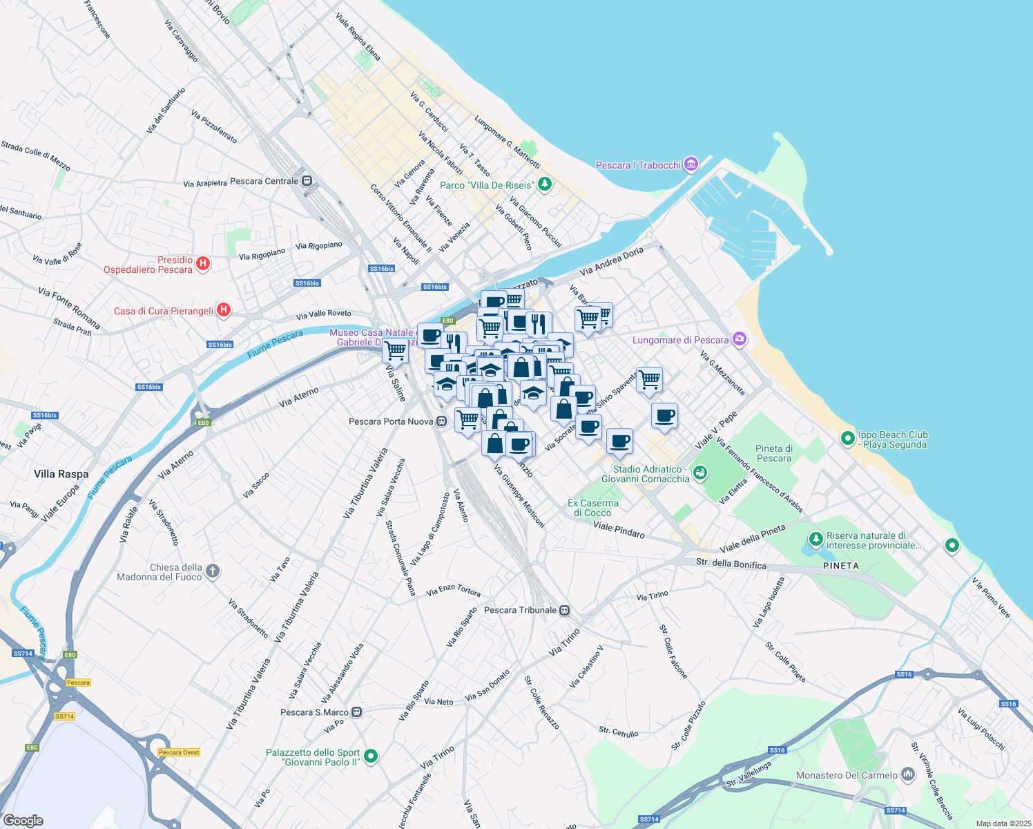 map of restaurants, bars, coffee shops, grocery stores, and more near 68 Via dei Marsi in Pescara