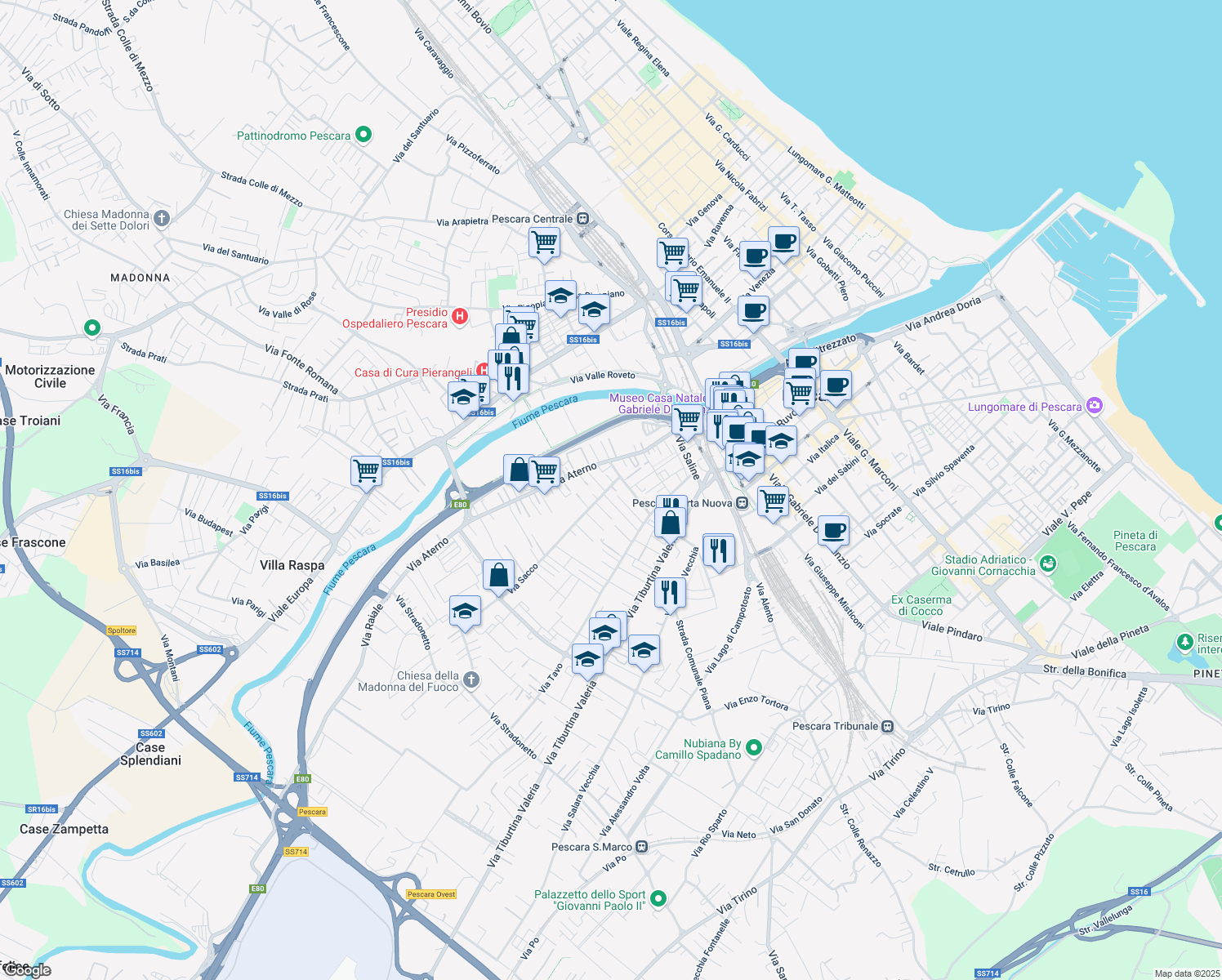 map of restaurants, bars, coffee shops, grocery stores, and more near 11 Via Sacco in Pescara