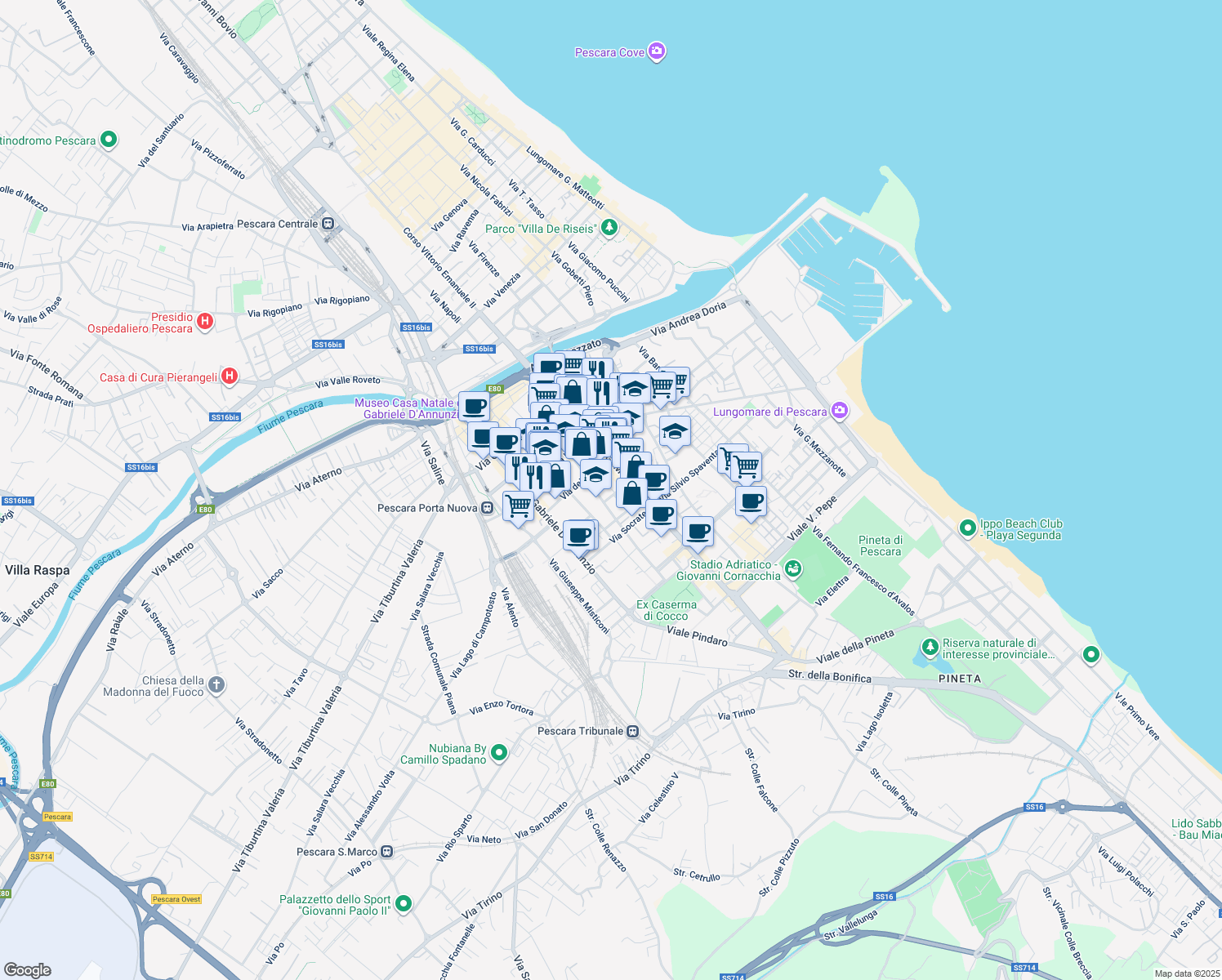 map of restaurants, bars, coffee shops, grocery stores, and more near 15 Via dei Sabini in Pescara