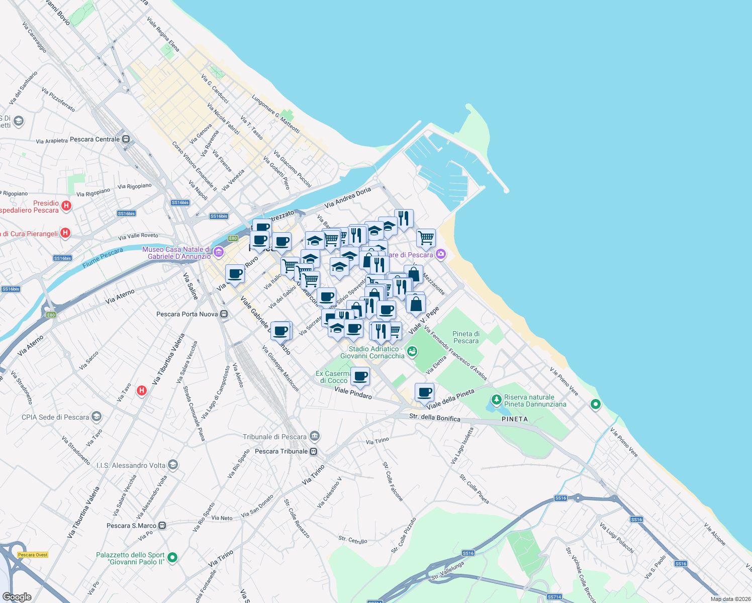 map of restaurants, bars, coffee shops, grocery stores, and more near 6/3 Via Ramiro Ortiz in Pescara