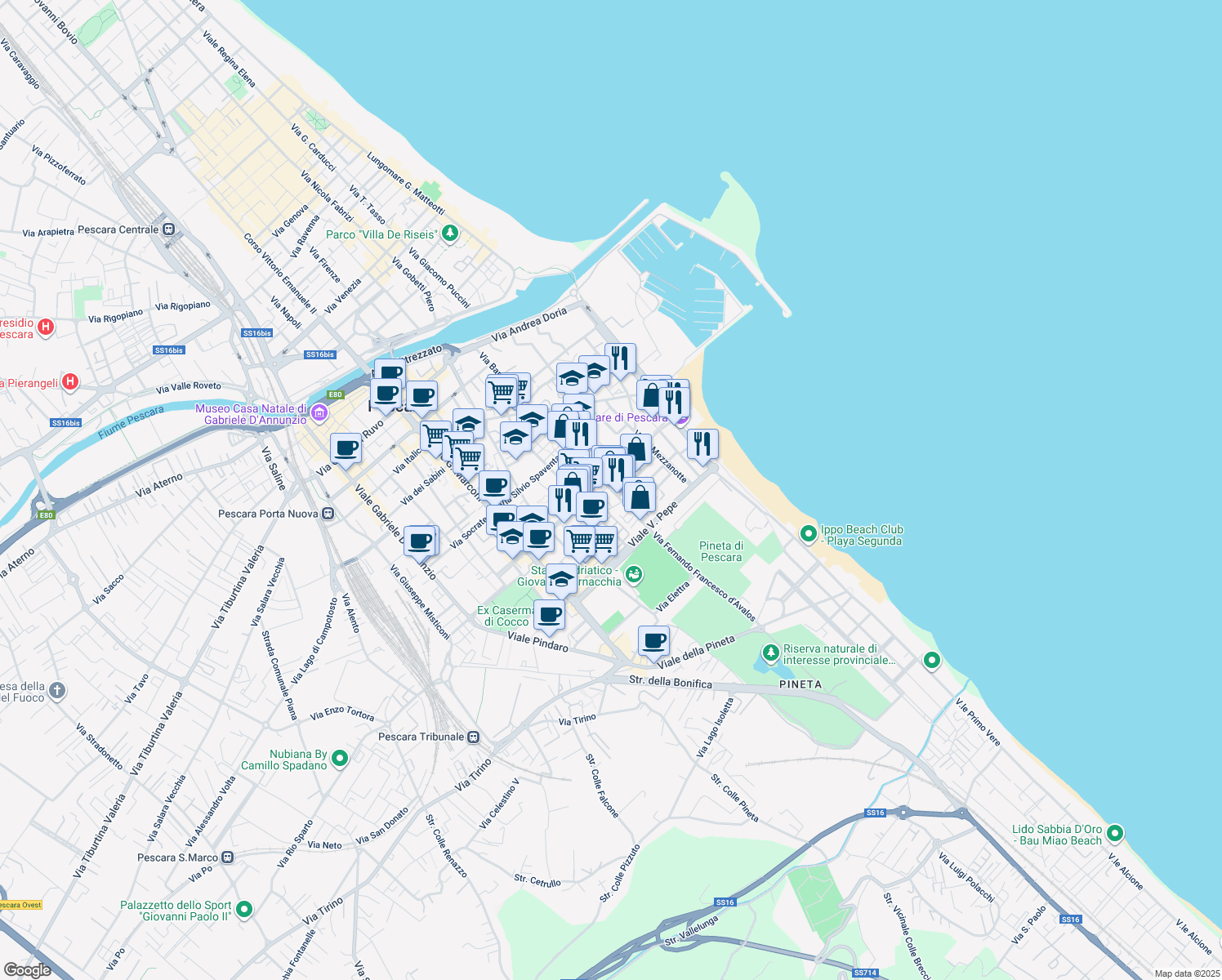 map of restaurants, bars, coffee shops, grocery stores, and more near 16 Via Milano in Pescara