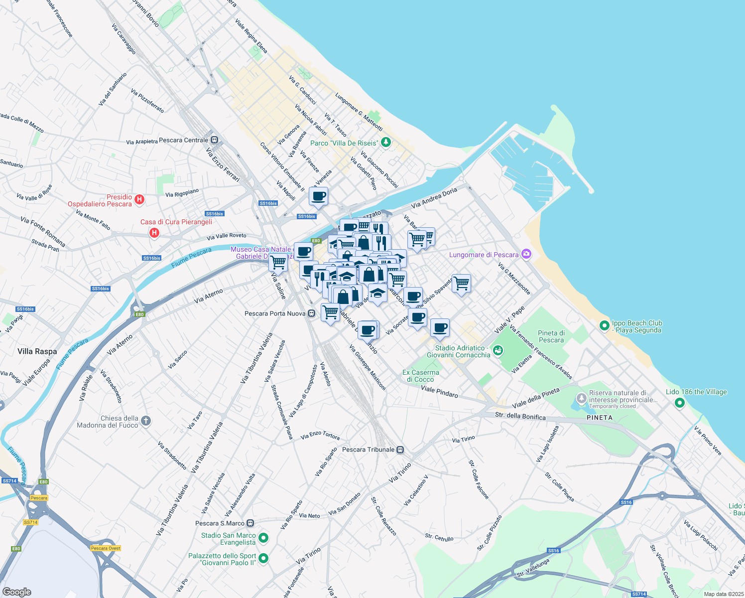 map of restaurants, bars, coffee shops, grocery stores, and more near 78 Via dei Peligni in Pescara