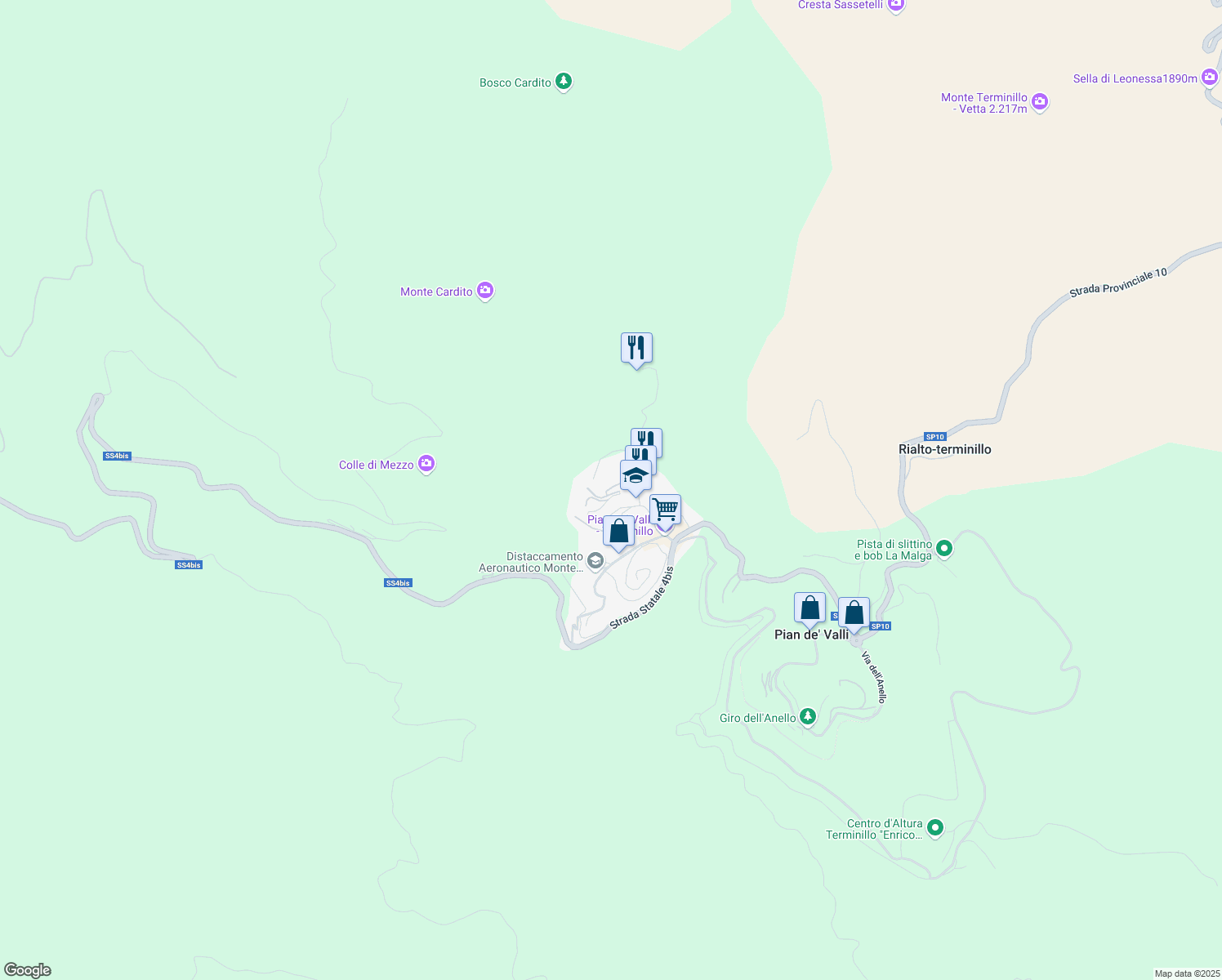 map of restaurants, bars, coffee shops, grocery stores, and more near 6 Via dei Licheni in Pian De' Valli