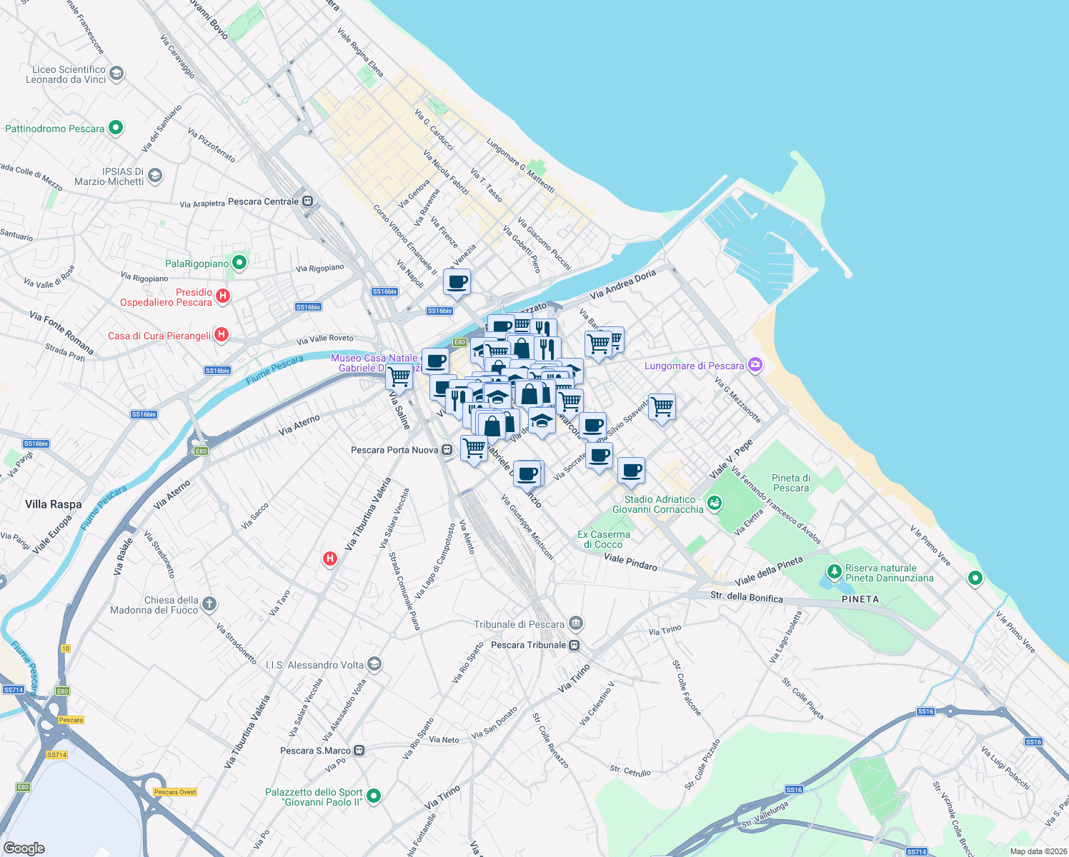 map of restaurants, bars, coffee shops, grocery stores, and more near 78 Via dei Peligni in Pescara