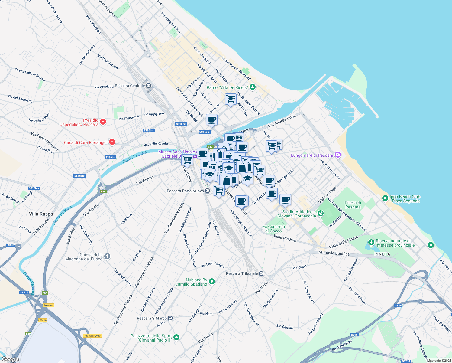 map of restaurants, bars, coffee shops, grocery stores, and more near Via Italica in Pescara