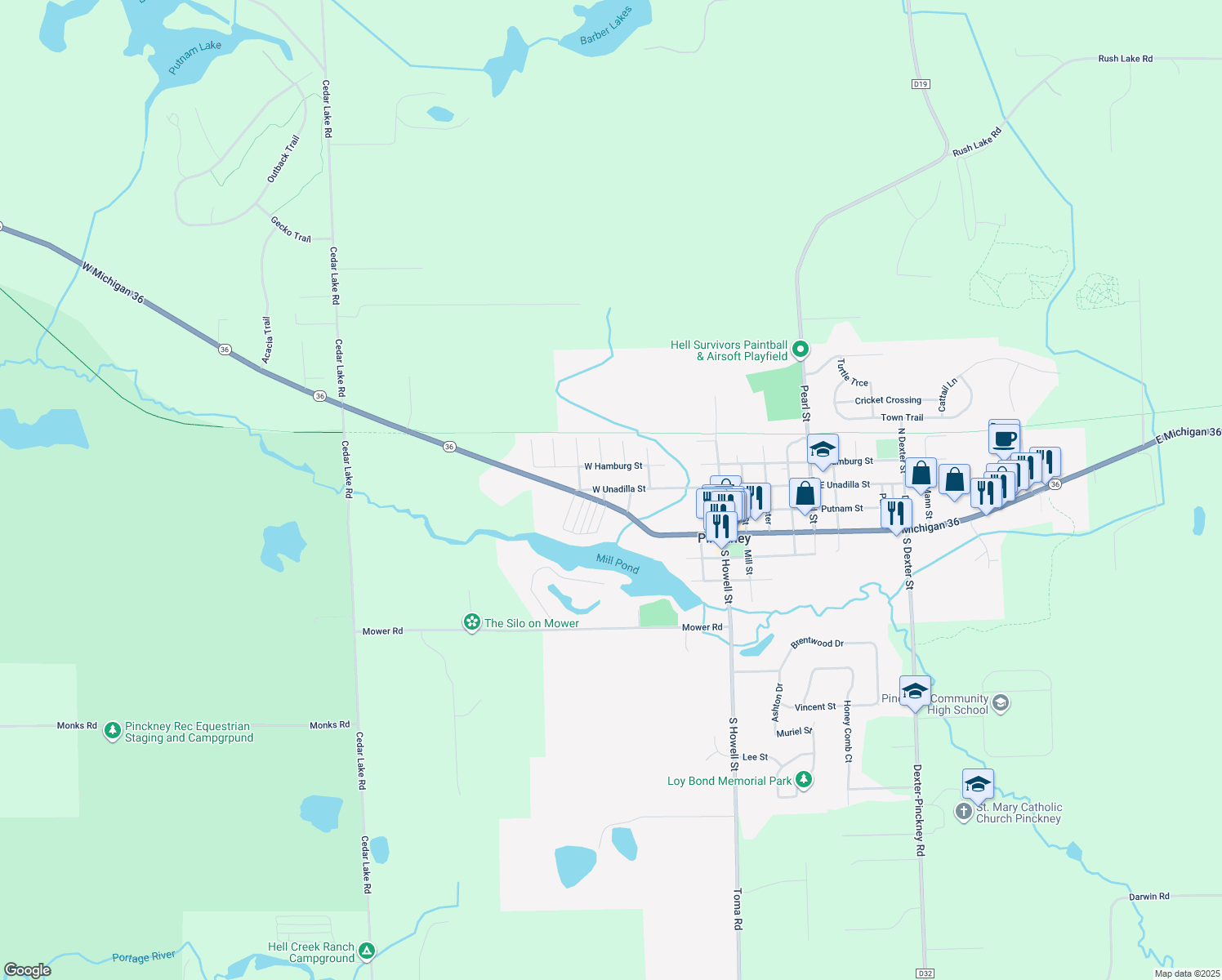 map of restaurants, bars, coffee shops, grocery stores, and more near 531 West Unadilla Street in Pinckney