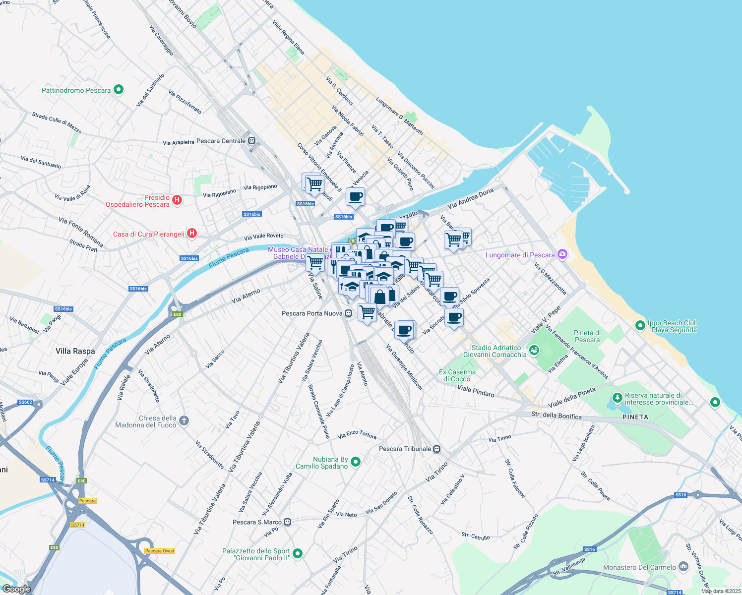 map of restaurants, bars, coffee shops, grocery stores, and more near 51 Viale Vittoria Colonna in Pescara