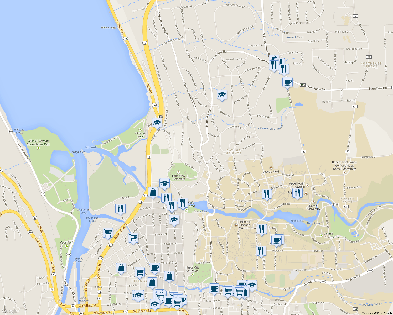 map of restaurants, bars, coffee shops, grocery stores, and more near 106 Corson Place in Ithaca