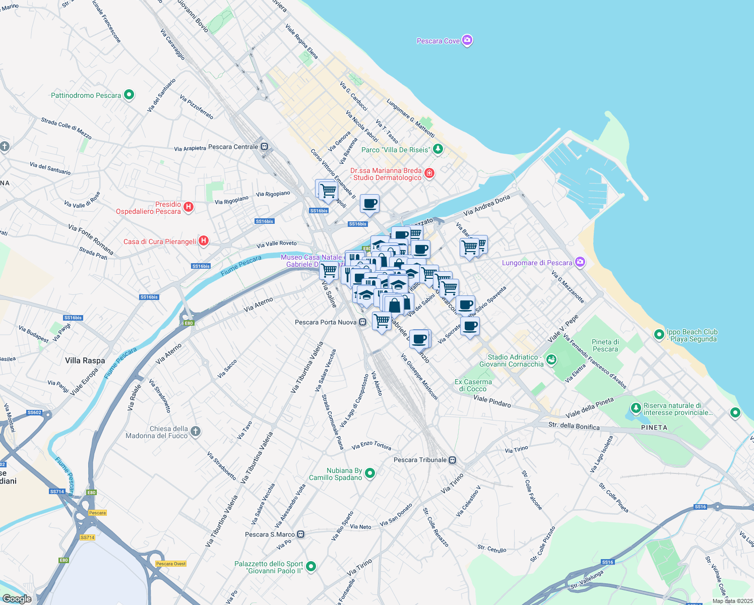 map of restaurants, bars, coffee shops, grocery stores, and more near 51 Viale Vittoria Colonna in Pescara