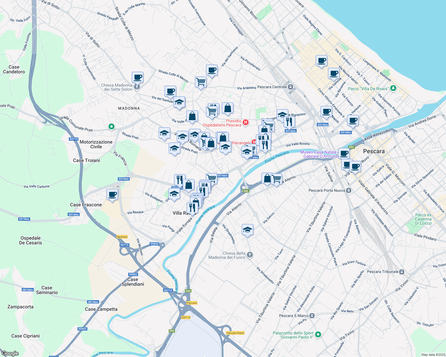 map of restaurants, bars, coffee shops, grocery stores, and more near 343 Via del Circuito in Pescara