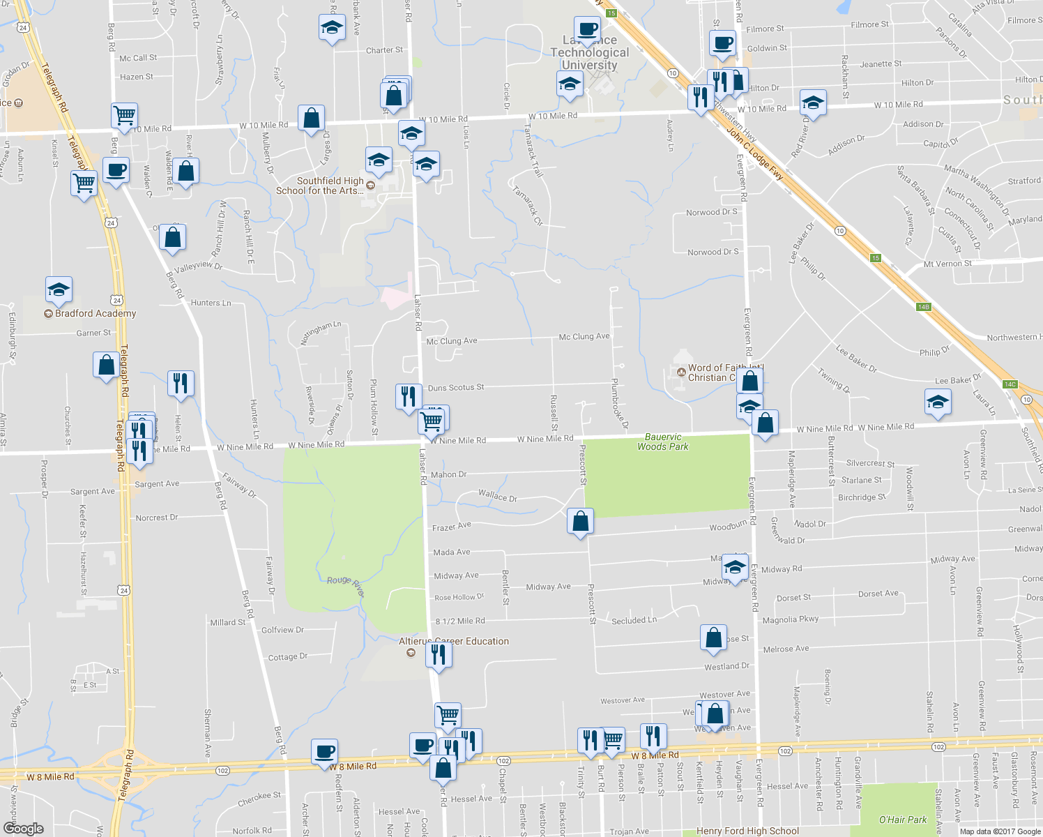 map of restaurants, bars, coffee shops, grocery stores, and more near 21386 West Nine Mile Road in Southfield