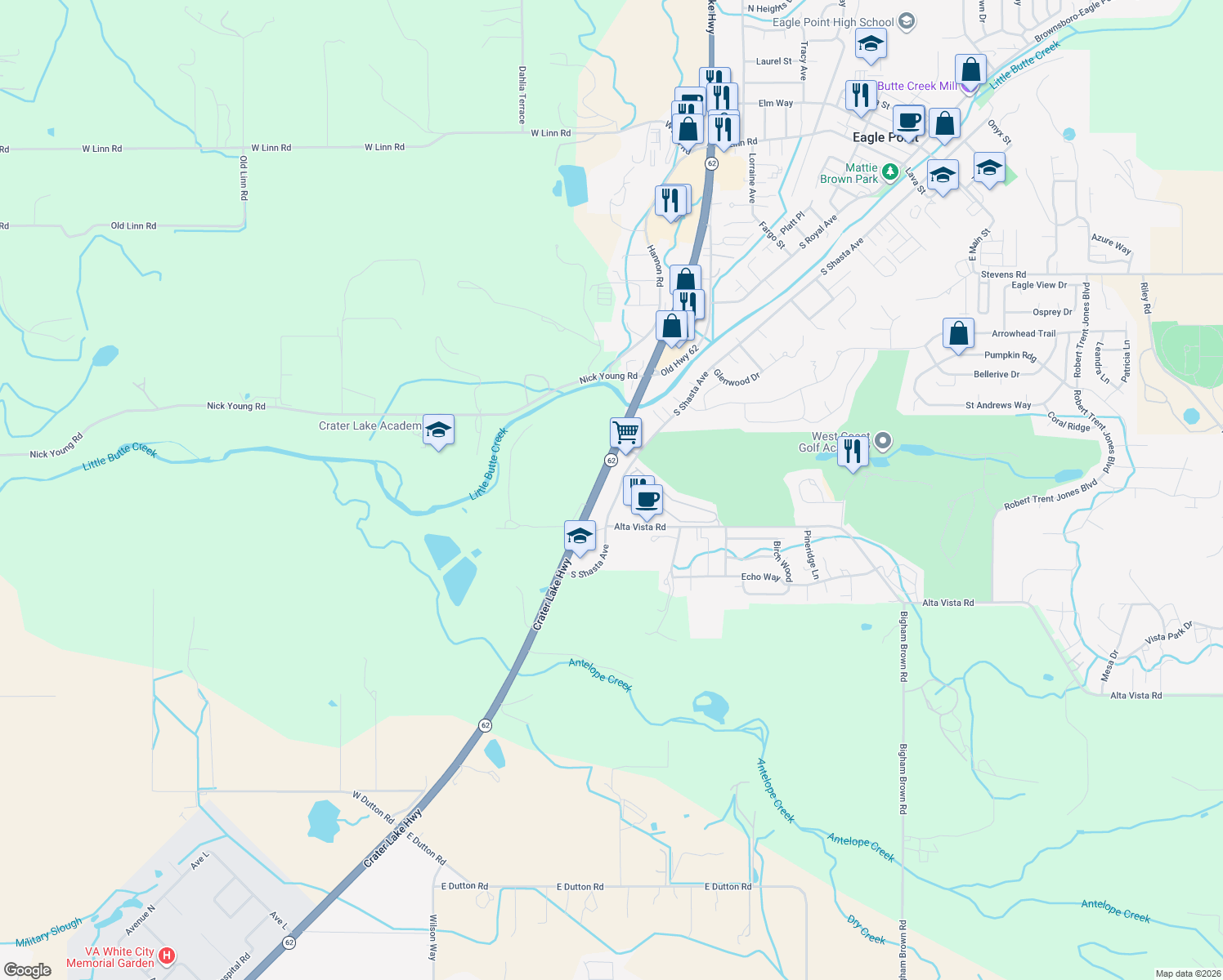 map of restaurants, bars, coffee shops, grocery stores, and more near 1560 S Shasta Ave in Eagle Point