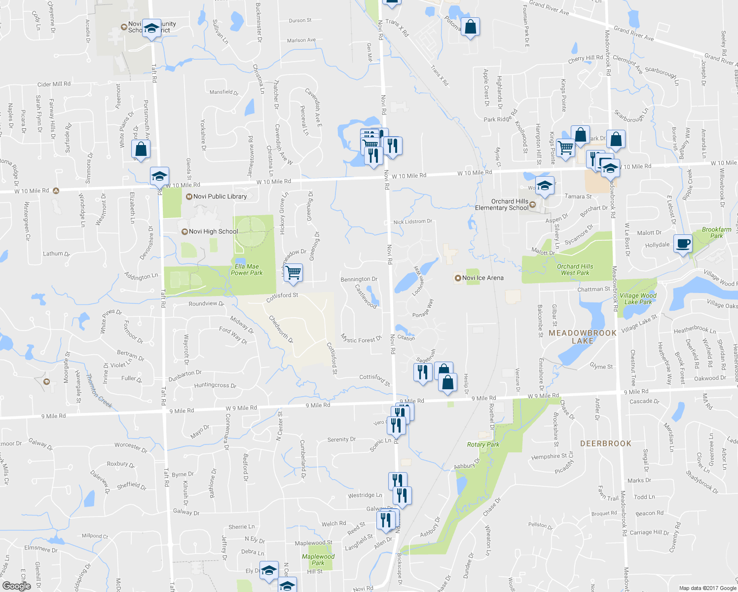 map of restaurants, bars, coffee shops, grocery stores, and more near 43488 Castlewood in Novi