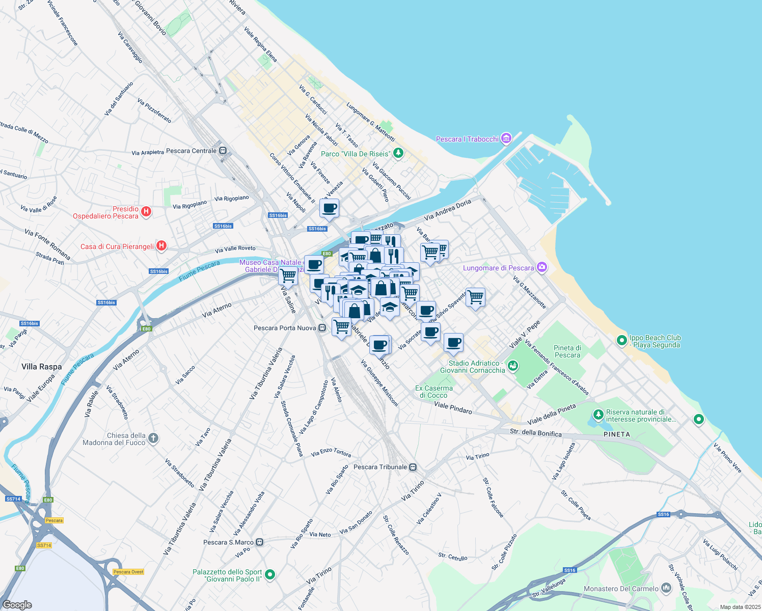 map of restaurants, bars, coffee shops, grocery stores, and more near 56 Via dei Peligni in Pescara