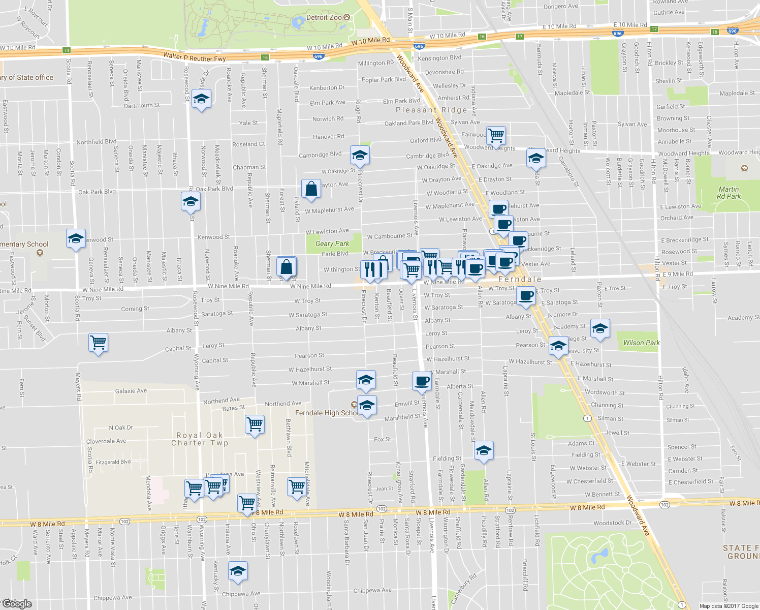 map of restaurants, bars, coffee shops, grocery stores, and more near 1624 Kenton Street in Ferndale