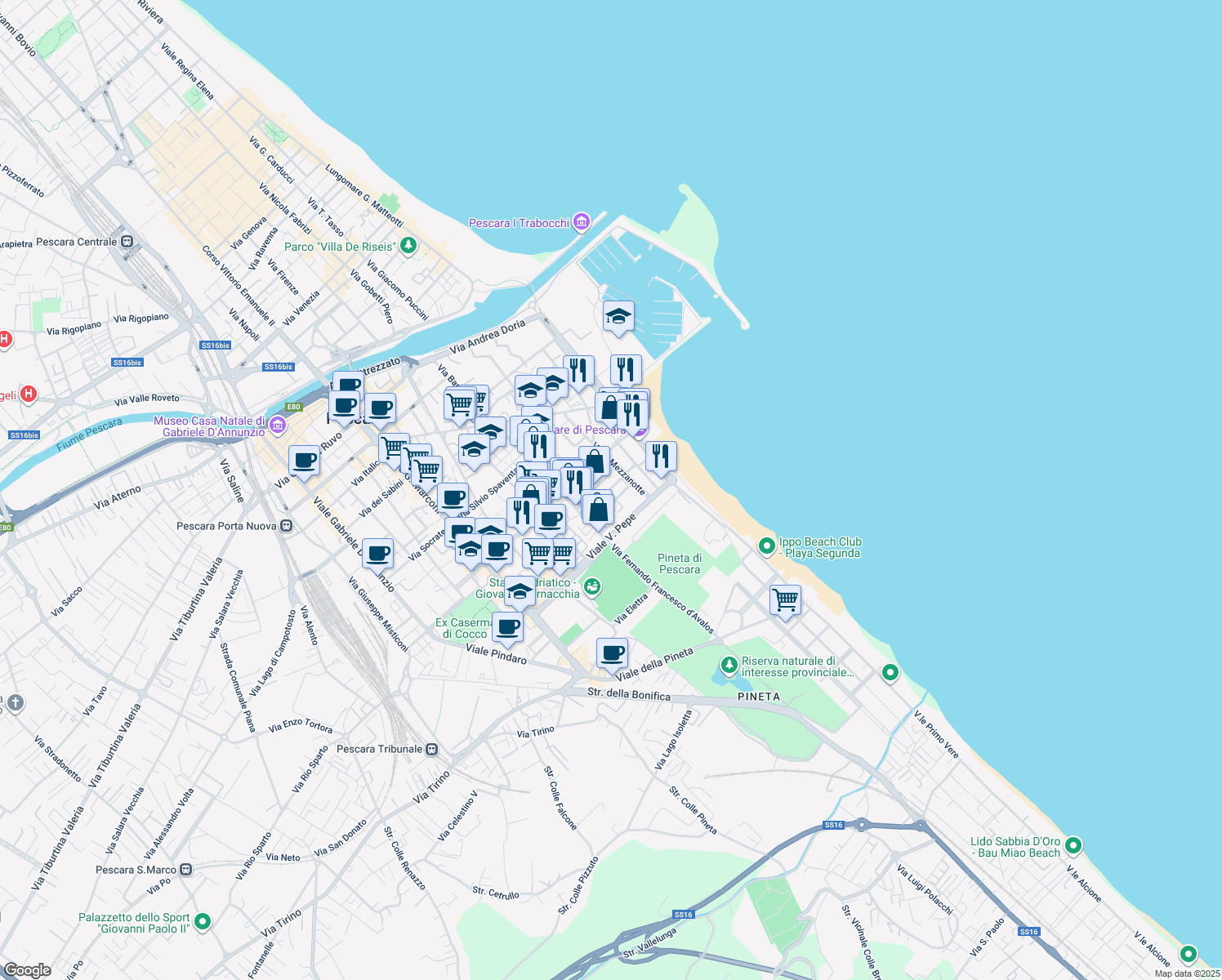 map of restaurants, bars, coffee shops, grocery stores, and more near 34 Via Beato Nunzio Sulprizio in Pescara