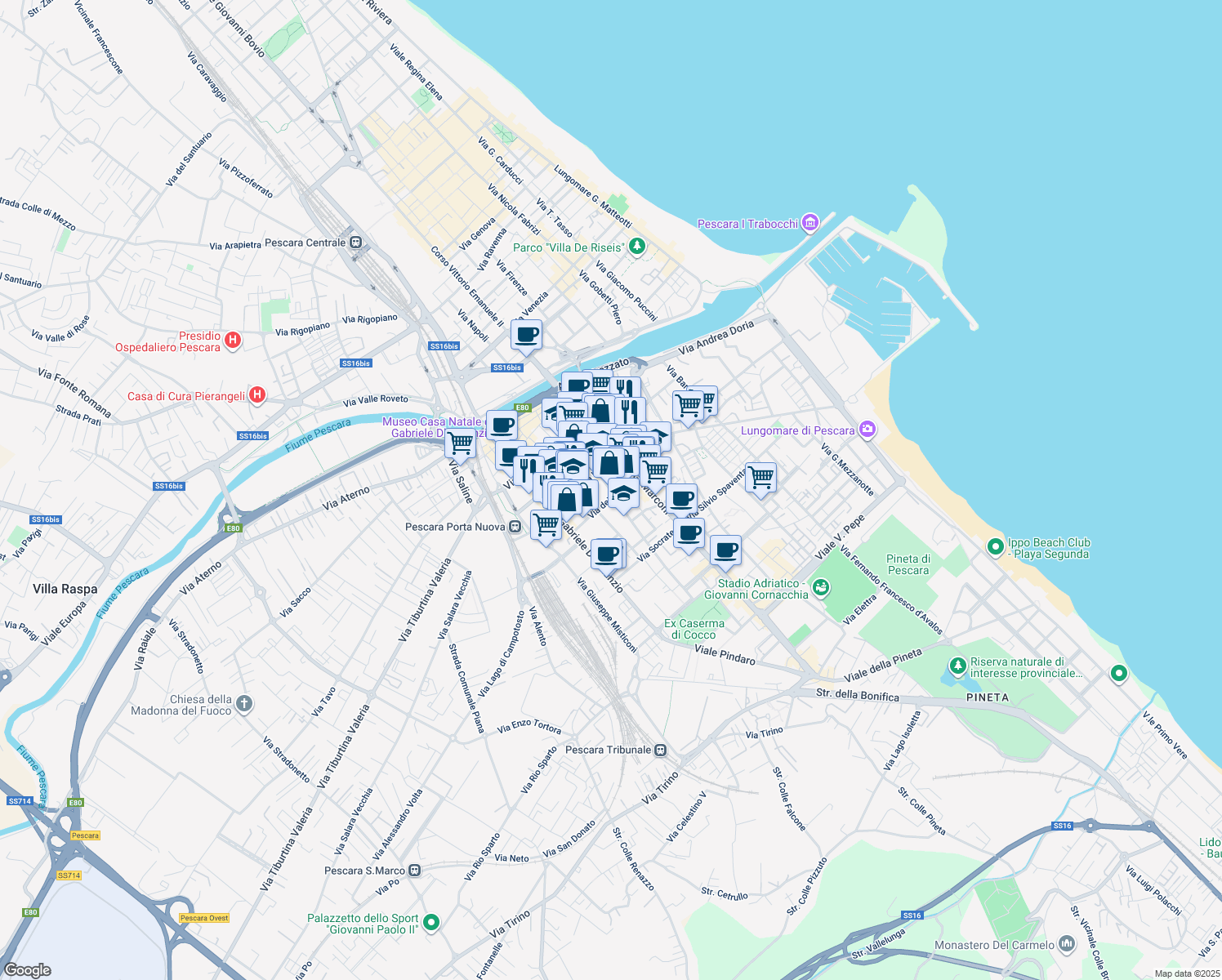 map of restaurants, bars, coffee shops, grocery stores, and more near 56 Via dei Peligni in Pescara
