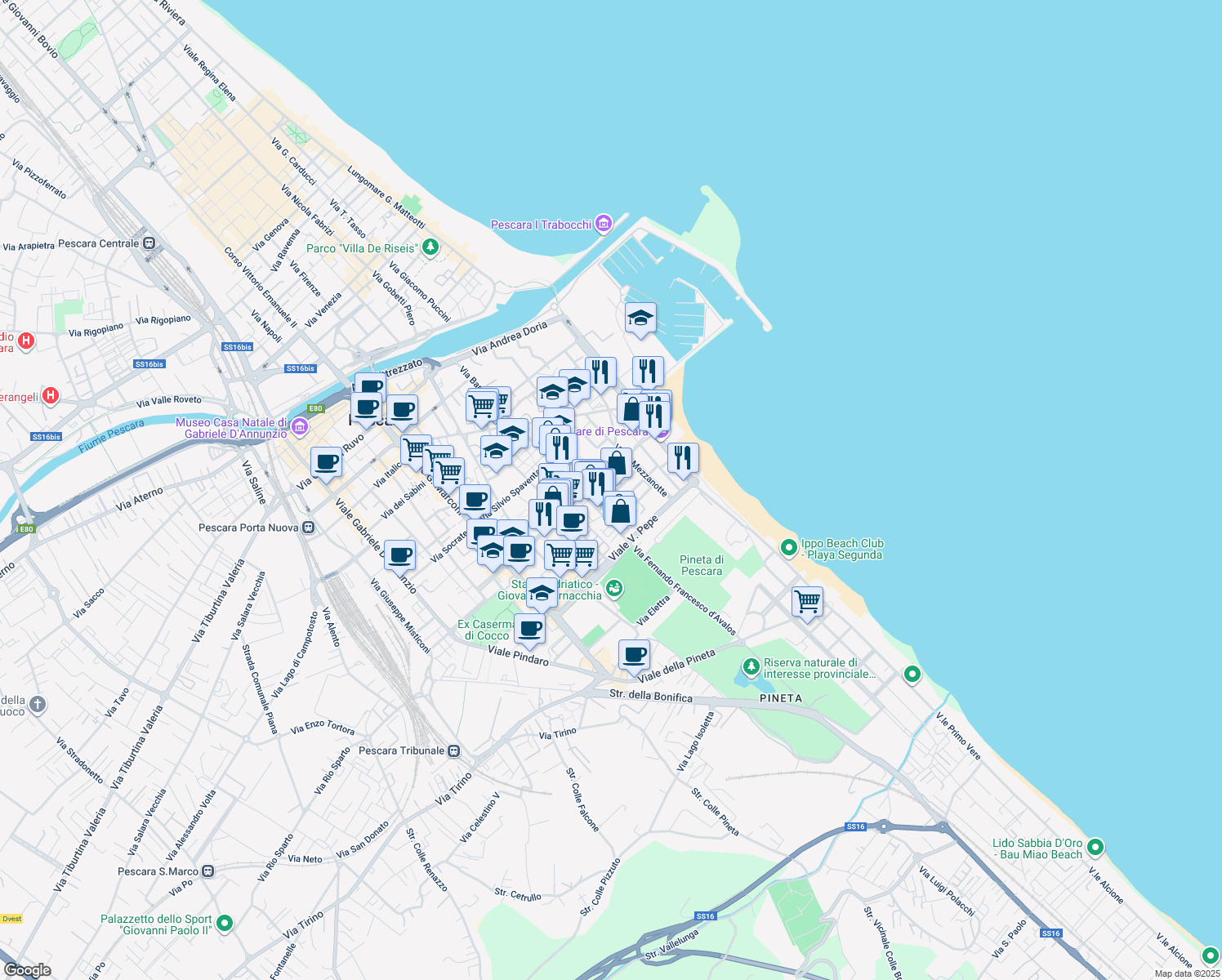 map of restaurants, bars, coffee shops, grocery stores, and more near 34 Via Beato Nunzio Sulprizio in Pescara