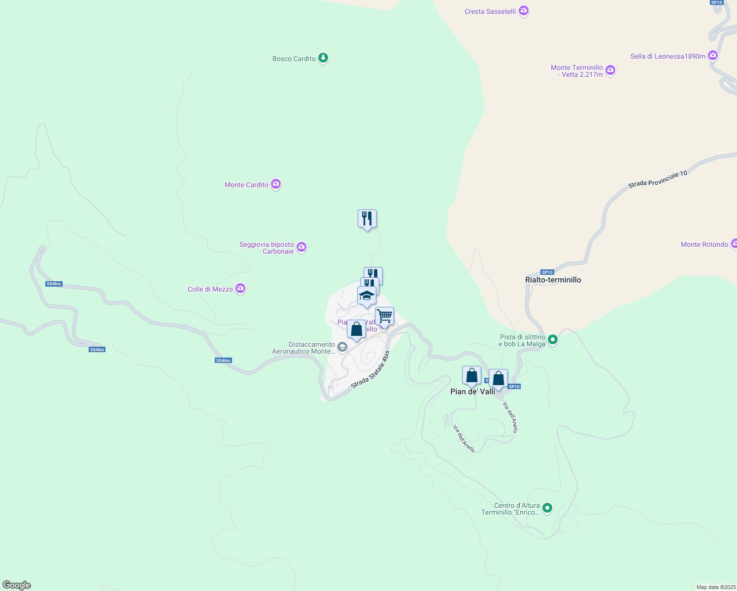 map of restaurants, bars, coffee shops, grocery stores, and more near 6 Via dei Licheni in Pian De' Valli