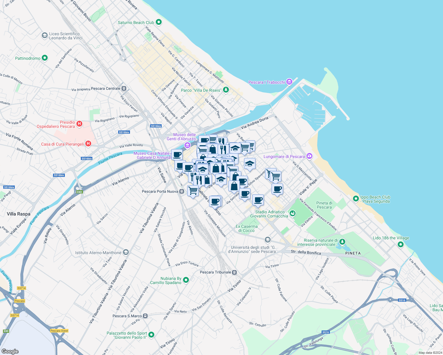 map of restaurants, bars, coffee shops, grocery stores, and more near 15 Via dei Sabini in Pescara