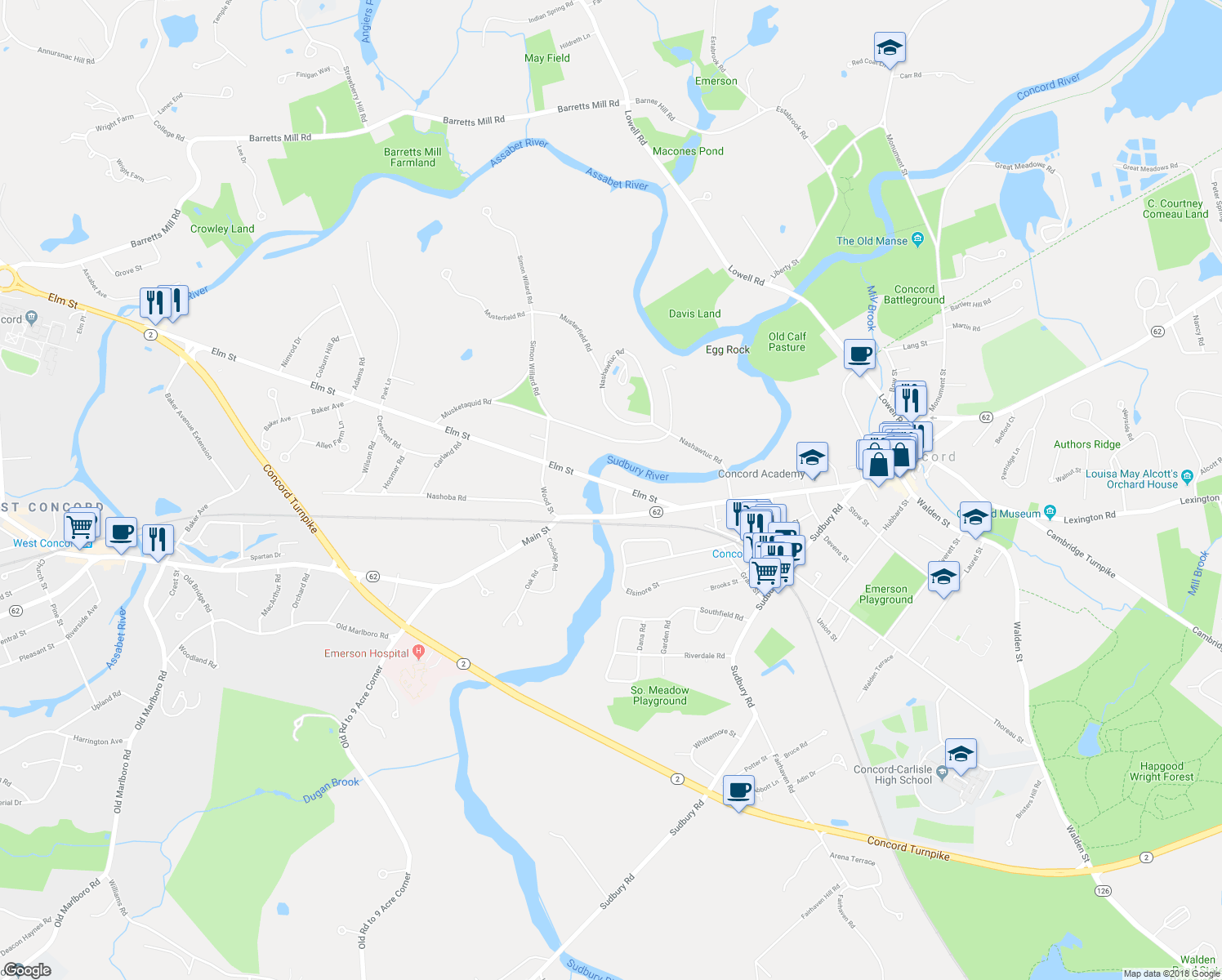 map of restaurants, bars, coffee shops, grocery stores, and more near 35 River Street in Concord