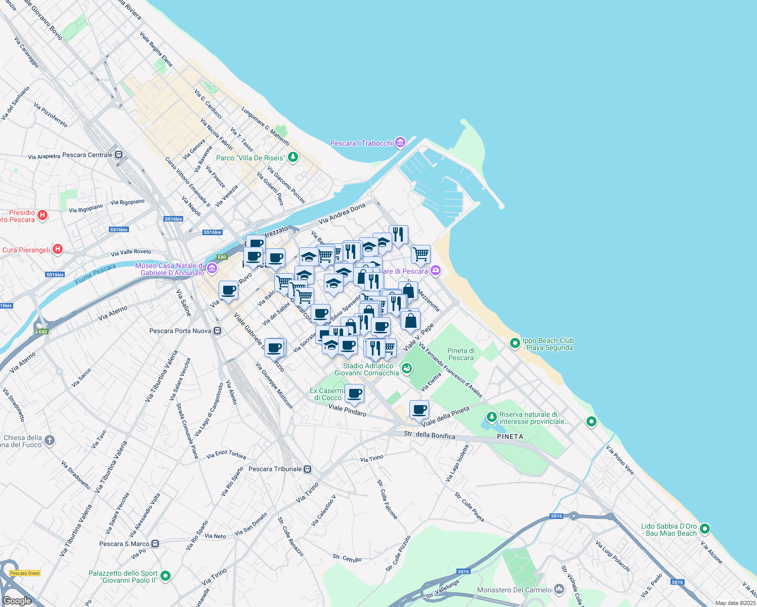 map of restaurants, bars, coffee shops, grocery stores, and more near 6/3 Via Ramiro Ortiz in Pescara