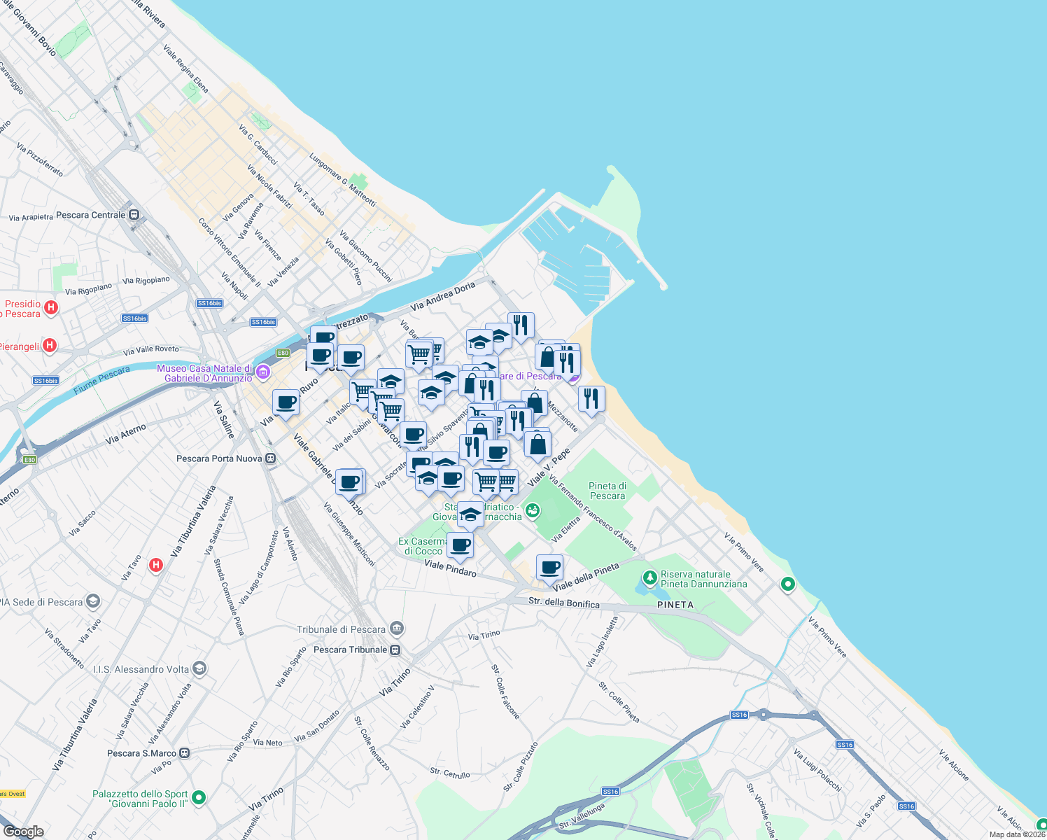 map of restaurants, bars, coffee shops, grocery stores, and more near 132 Viale D'Avalos in Pescara