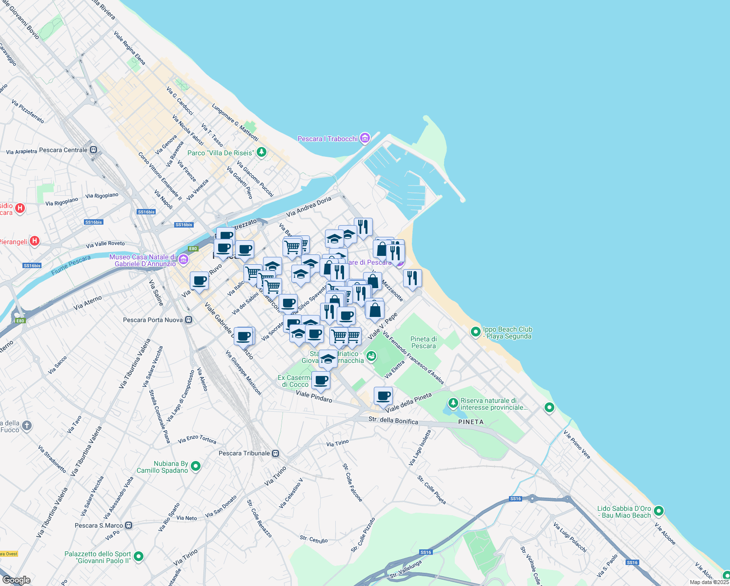 map of restaurants, bars, coffee shops, grocery stores, and more near 132 Viale D'Avalos in Pescara