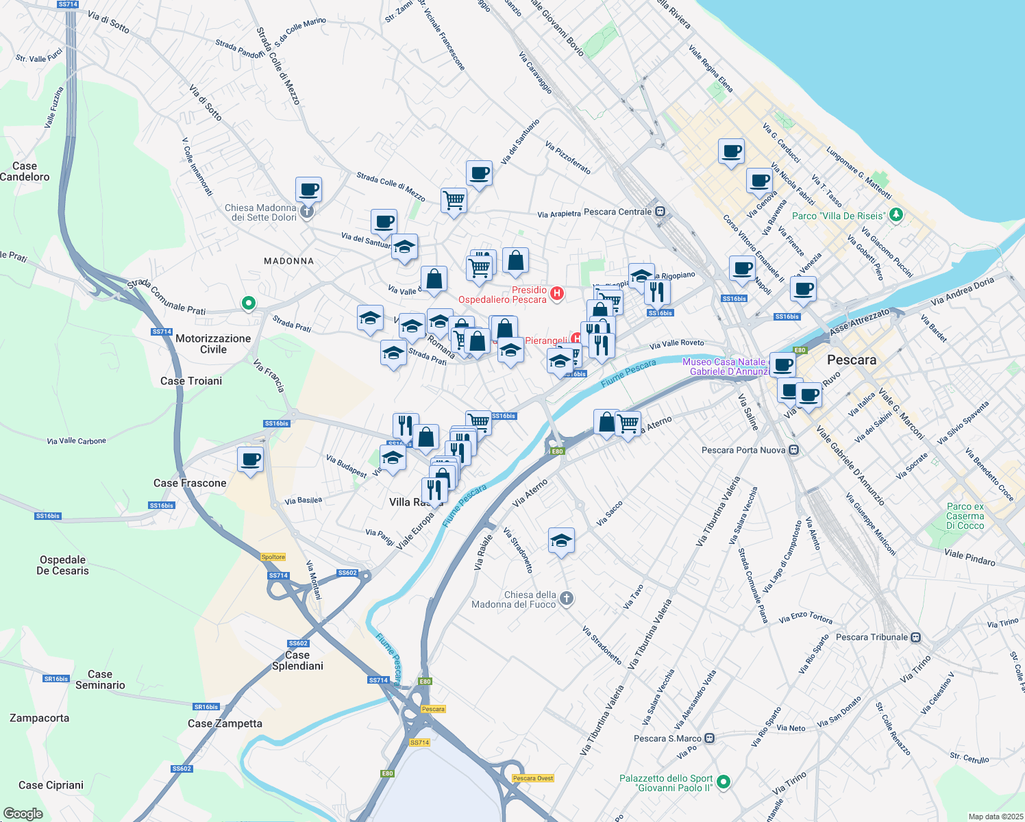 map of restaurants, bars, coffee shops, grocery stores, and more near 343 Via del Circuito in Pescara