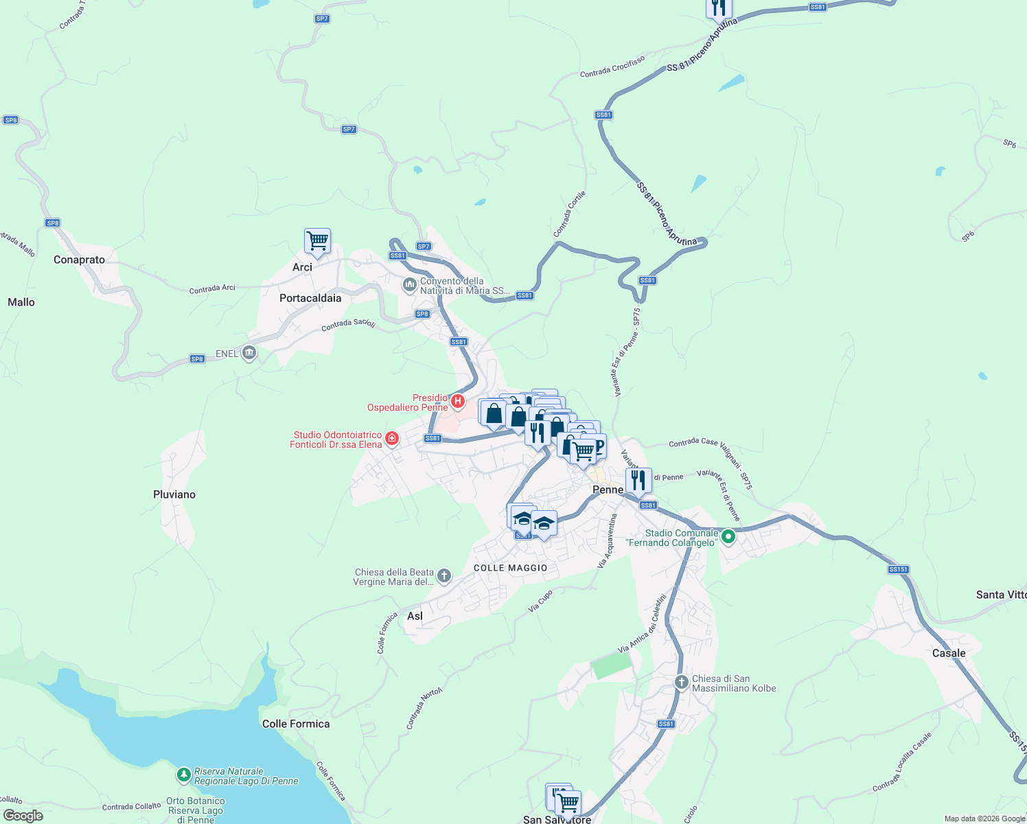 map of restaurants, bars, coffee shops, grocery stores, and more near 71 Via F. Brindisi in Penne
