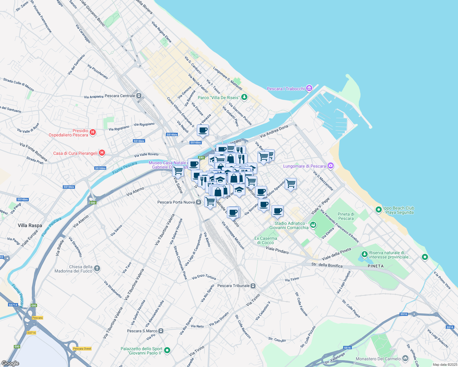 map of restaurants, bars, coffee shops, grocery stores, and more near 33 Via Italica in Pescara