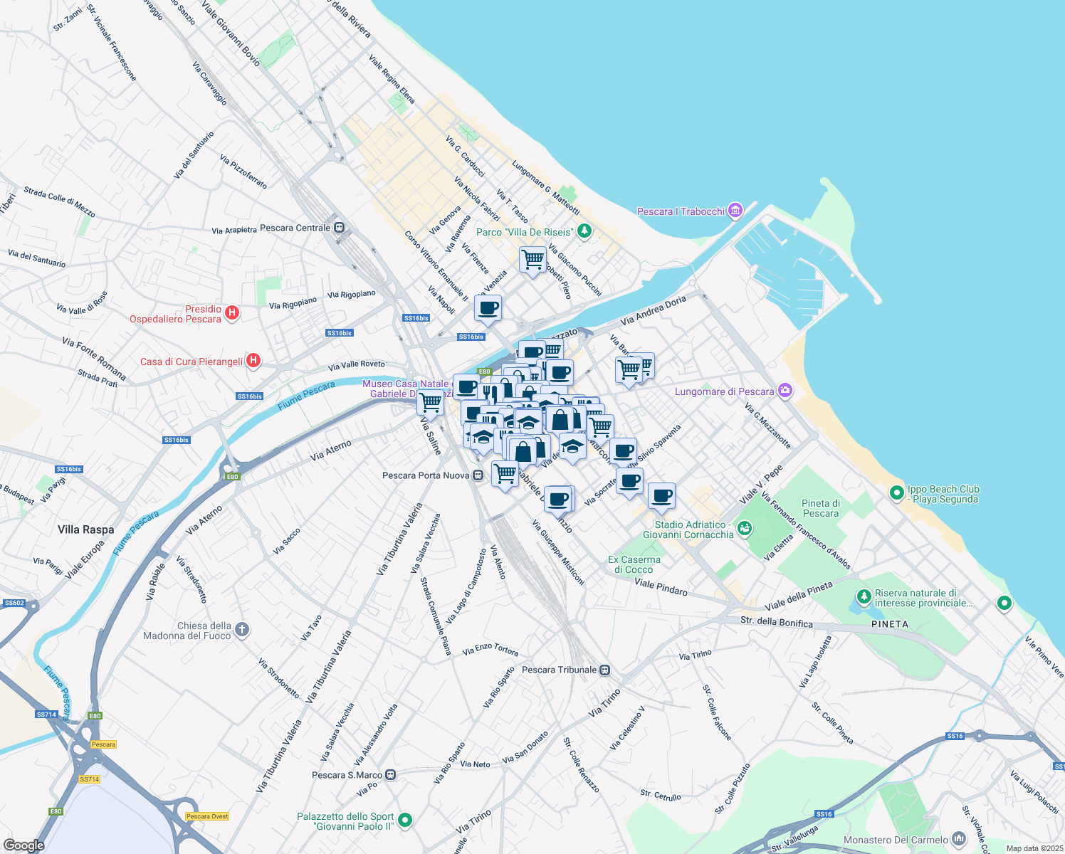 map of restaurants, bars, coffee shops, grocery stores, and more near 33 Via Italica in Pescara