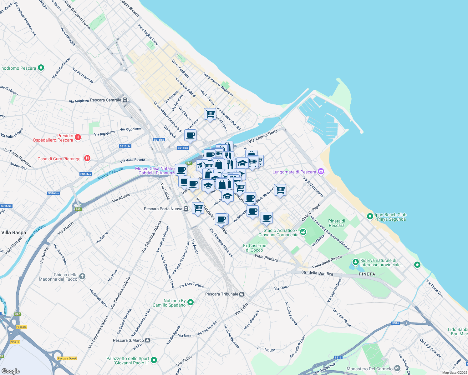 map of restaurants, bars, coffee shops, grocery stores, and more near 5 Via Nicola da Guardiagrele in Pescara