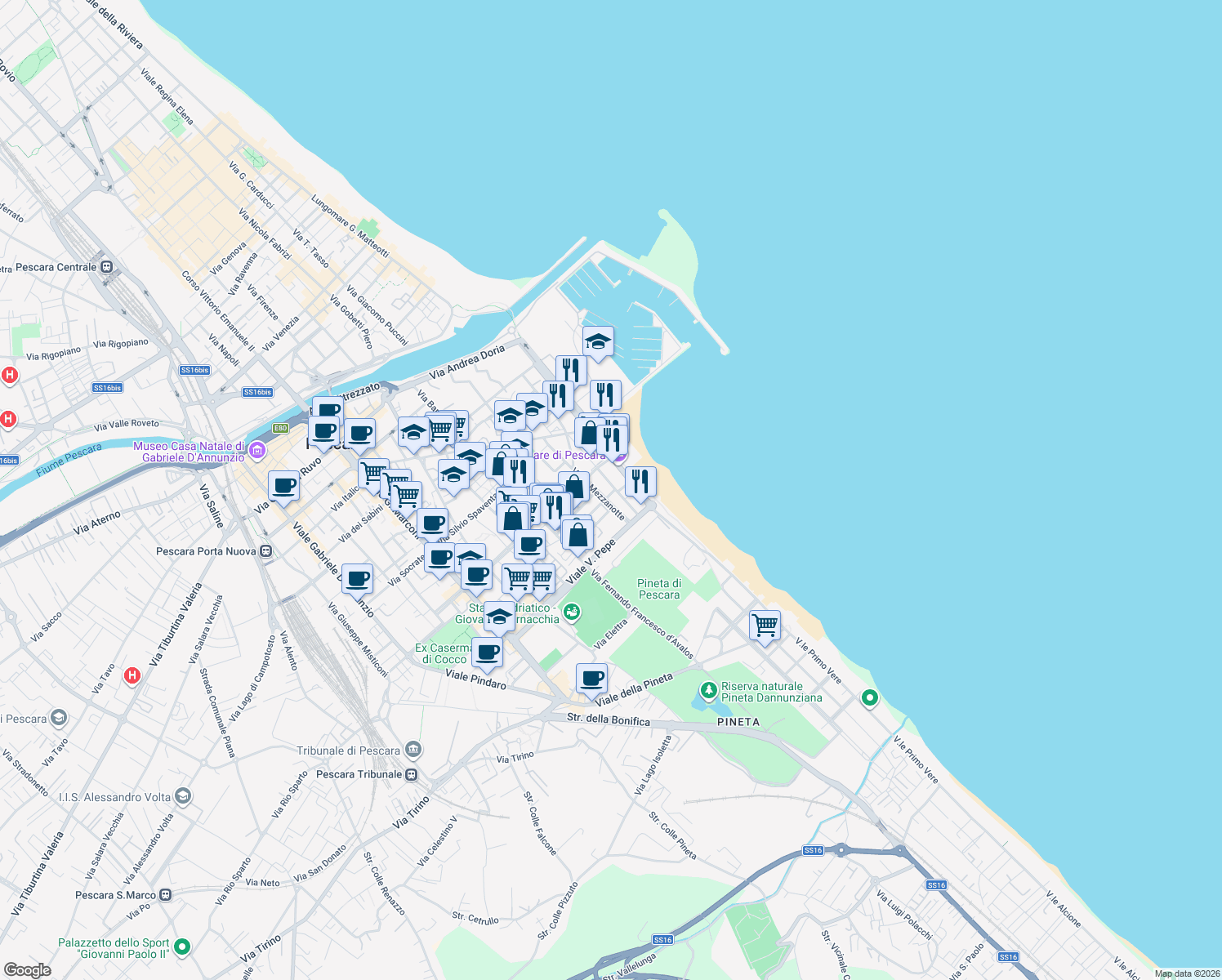 map of restaurants, bars, coffee shops, grocery stores, and more near 65 Via Salvatore Tommasi in Pescara