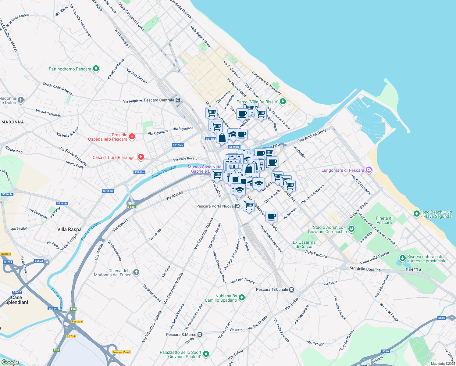 map of restaurants, bars, coffee shops, grocery stores, and more near 16 Via Lago di Scanno in Pescara