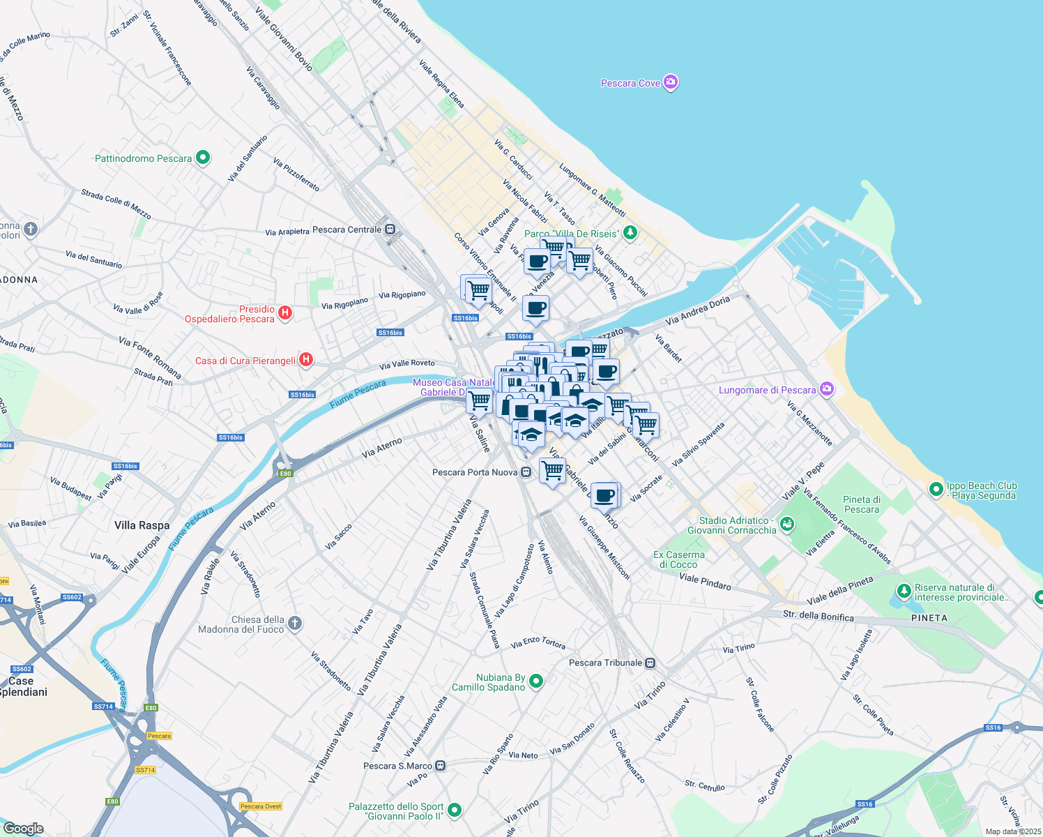 map of restaurants, bars, coffee shops, grocery stores, and more near 116 Corso Manthone' Gabriele in Pescara