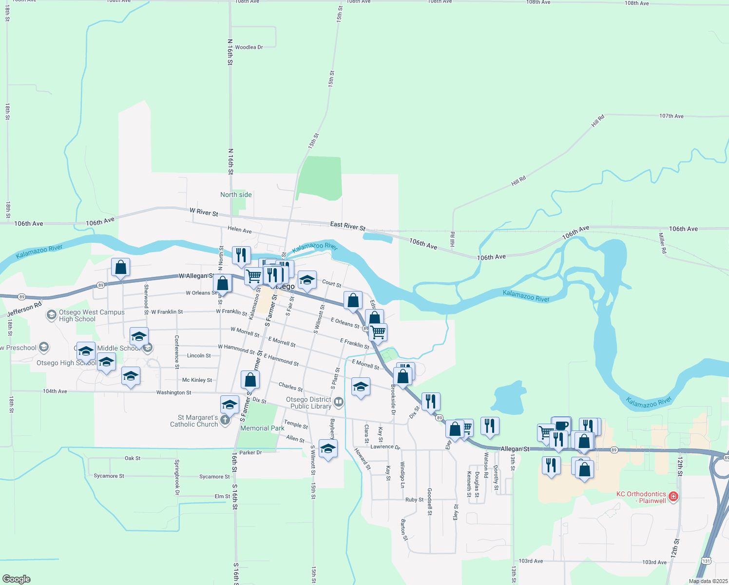 map of restaurants, bars, coffee shops, grocery stores, and more near 401 Court Street in Otsego