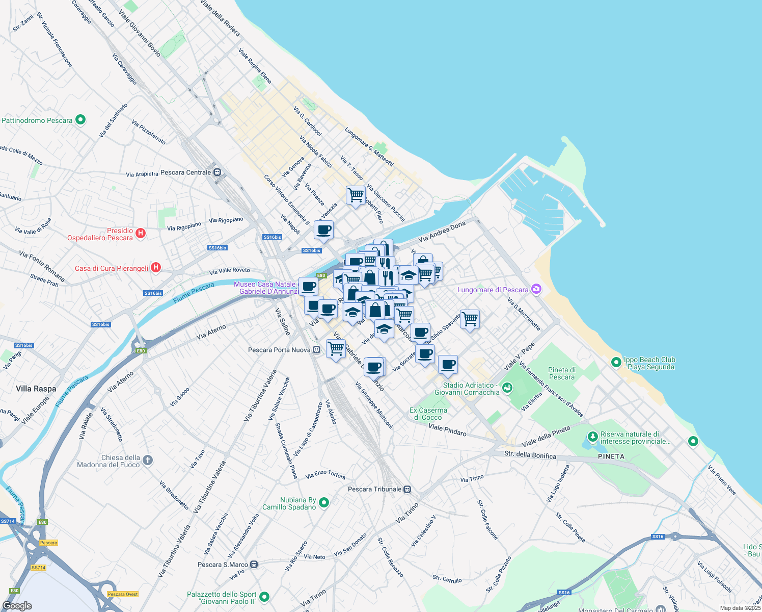 map of restaurants, bars, coffee shops, grocery stores, and more near 5 Via Nicola da Guardiagrele in Pescara