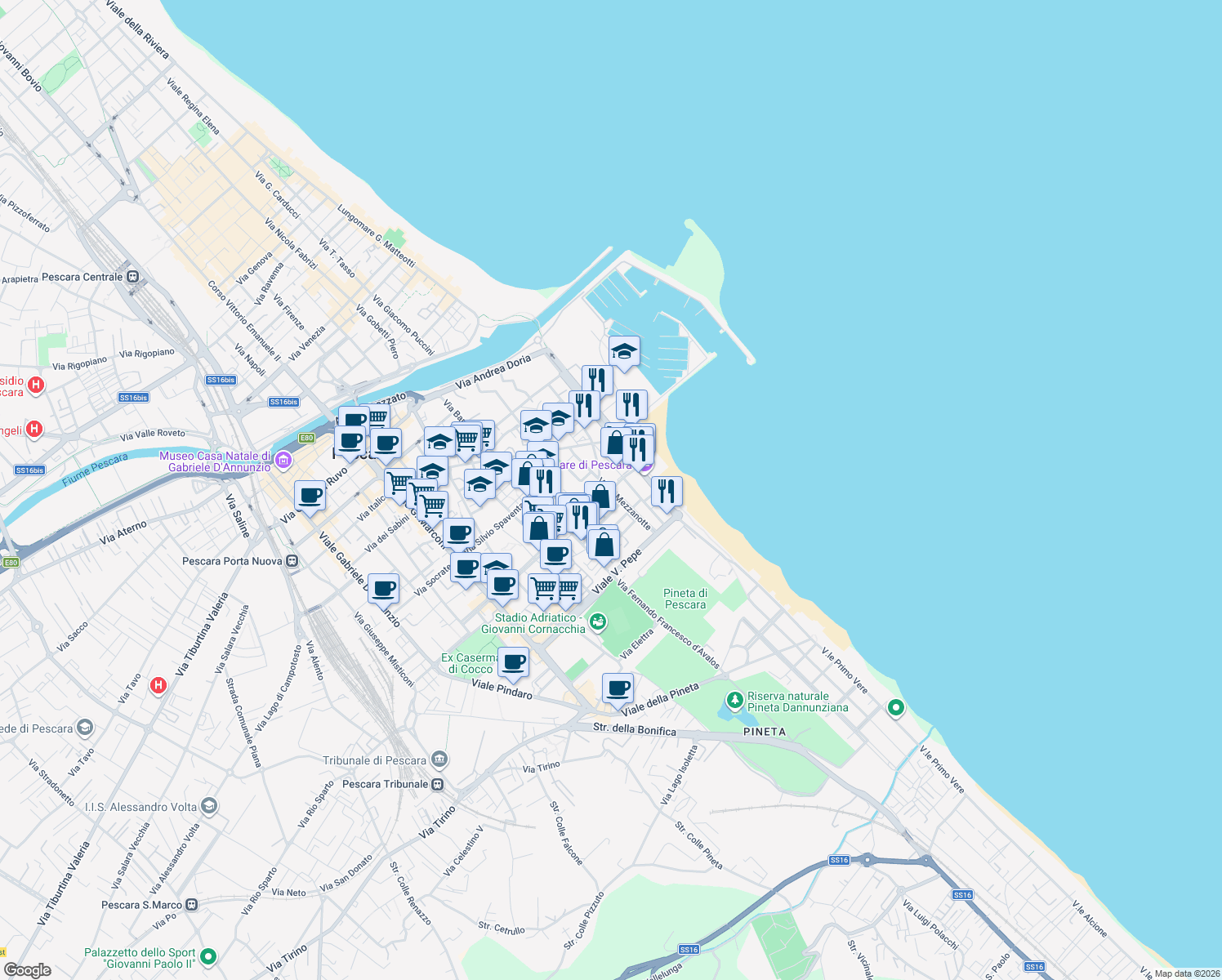 map of restaurants, bars, coffee shops, grocery stores, and more near 46 Via G. Mezzanotte in Pescara