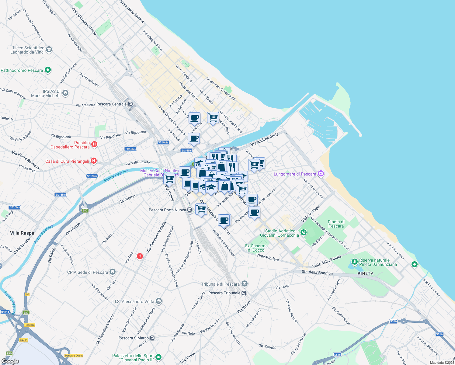 map of restaurants, bars, coffee shops, grocery stores, and more near 90 Viale Vittoria Colonna in Pescara