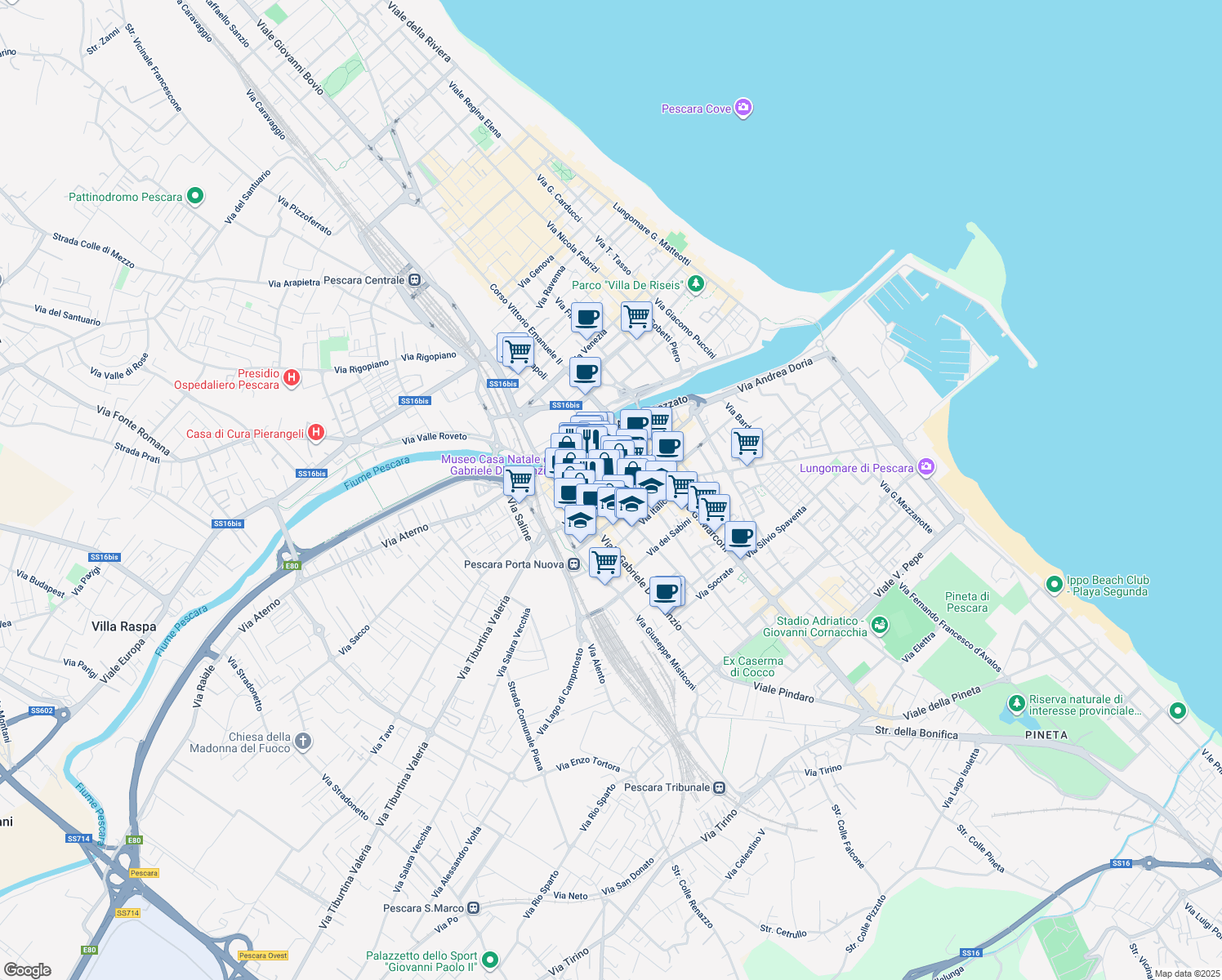 map of restaurants, bars, coffee shops, grocery stores, and more near in Pescara