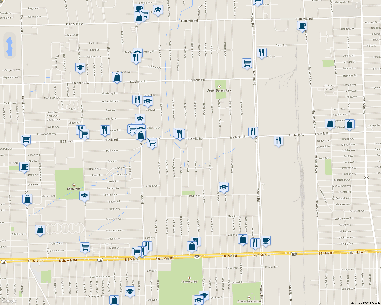 map of restaurants, bars, coffee shops, grocery stores, and more near 22546 Masch Avenue in Warren