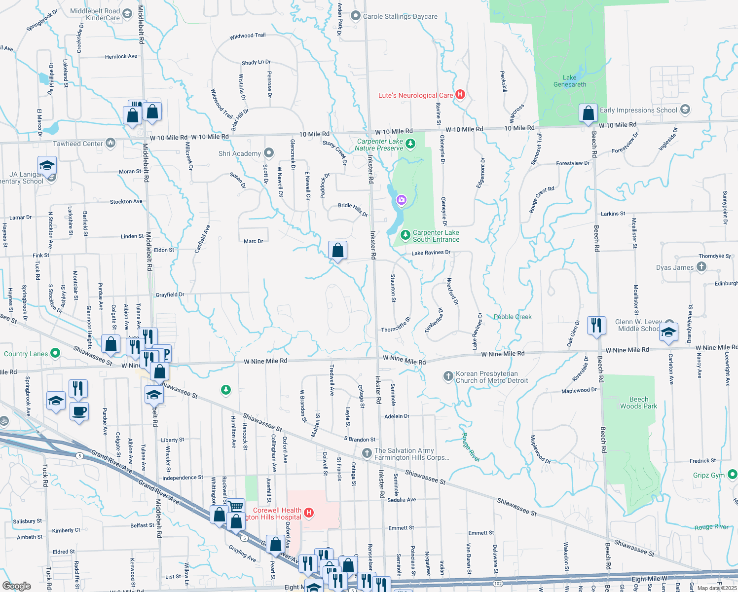 map of restaurants, bars, coffee shops, grocery stores, and more near 22899 Inkster Road in Farmington Hills