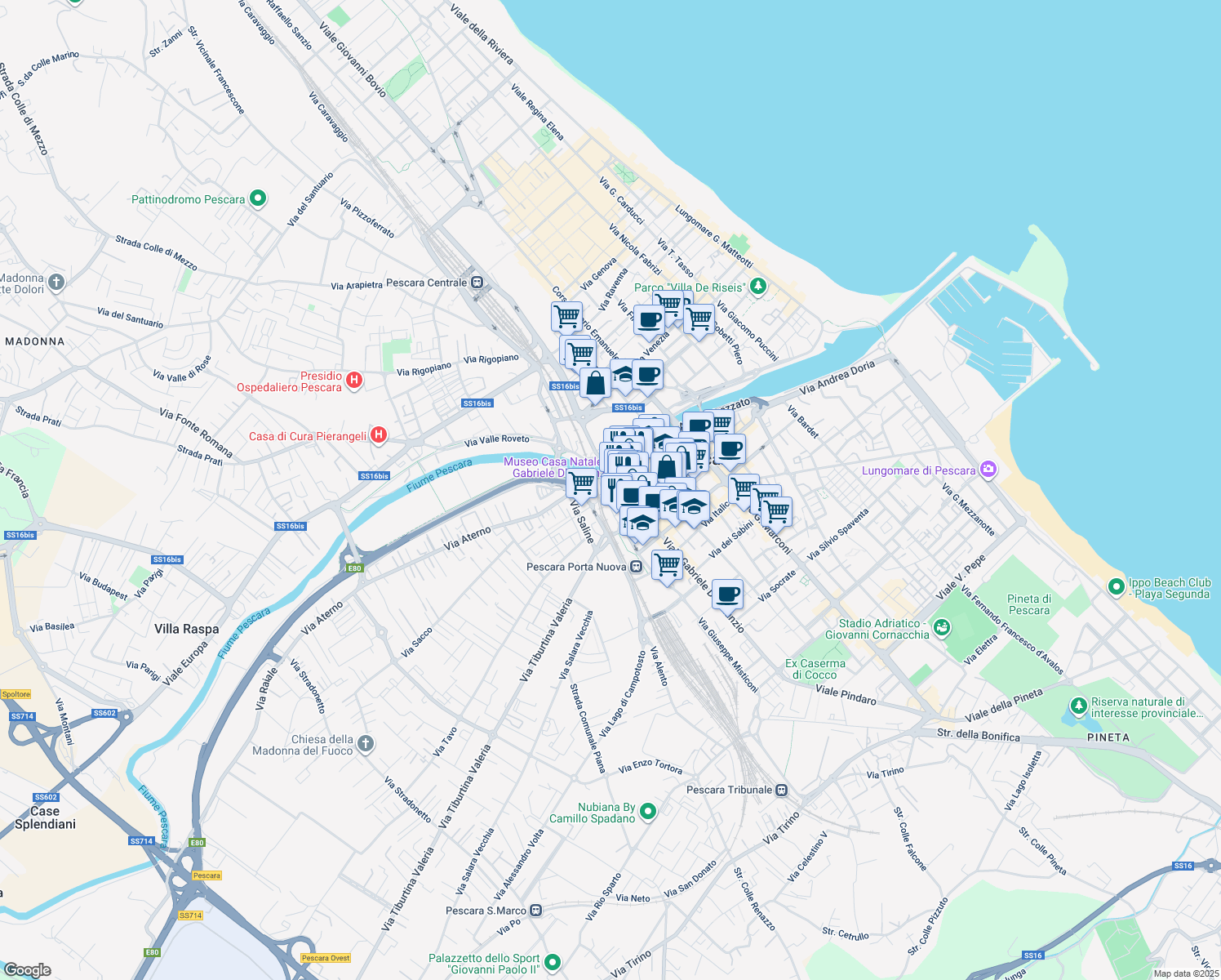 map of restaurants, bars, coffee shops, grocery stores, and more near 16 Via Lago di Scanno in Pescara