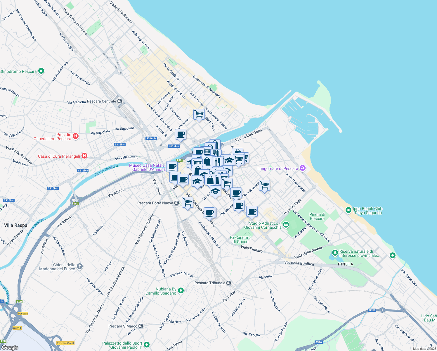 map of restaurants, bars, coffee shops, grocery stores, and more near 5 Via Nicola da Guardiagrele in Pescara