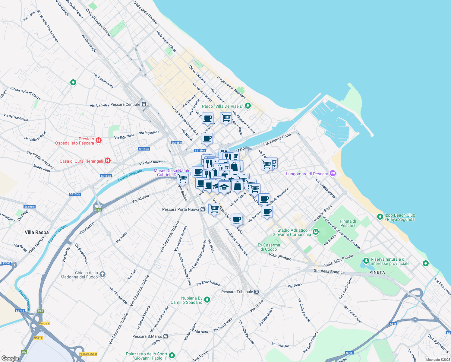 map of restaurants, bars, coffee shops, grocery stores, and more near 28 Via dei Peligni in Pescara