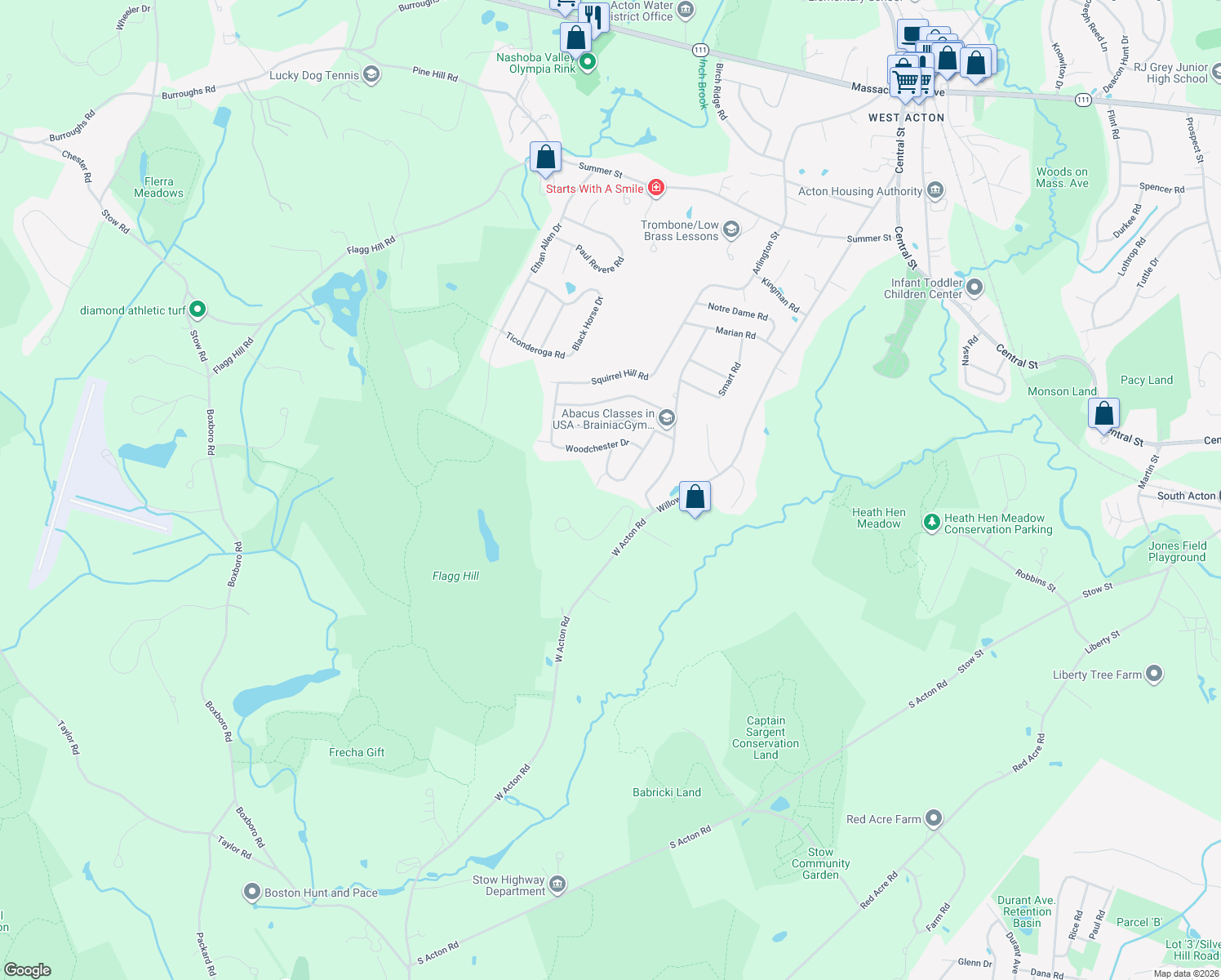 map of restaurants, bars, coffee shops, grocery stores, and more near 16 Windemere Drive in Acton