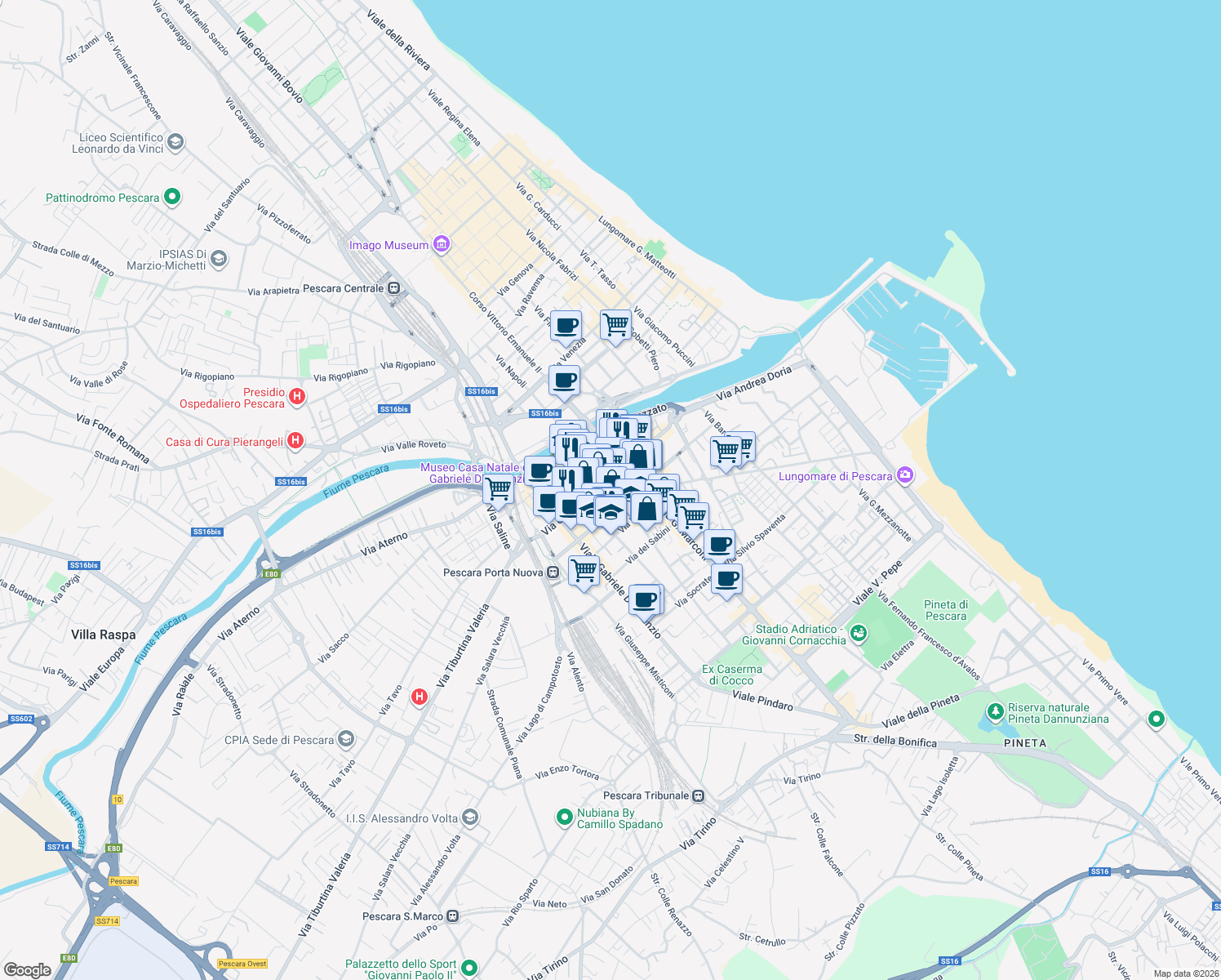 map of restaurants, bars, coffee shops, grocery stores, and more near 28 Via dei Peligni in Pescara