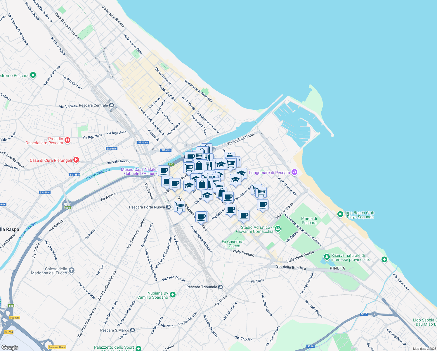 map of restaurants, bars, coffee shops, grocery stores, and more near 48 Viale Amerigo Vespucci in Pescara