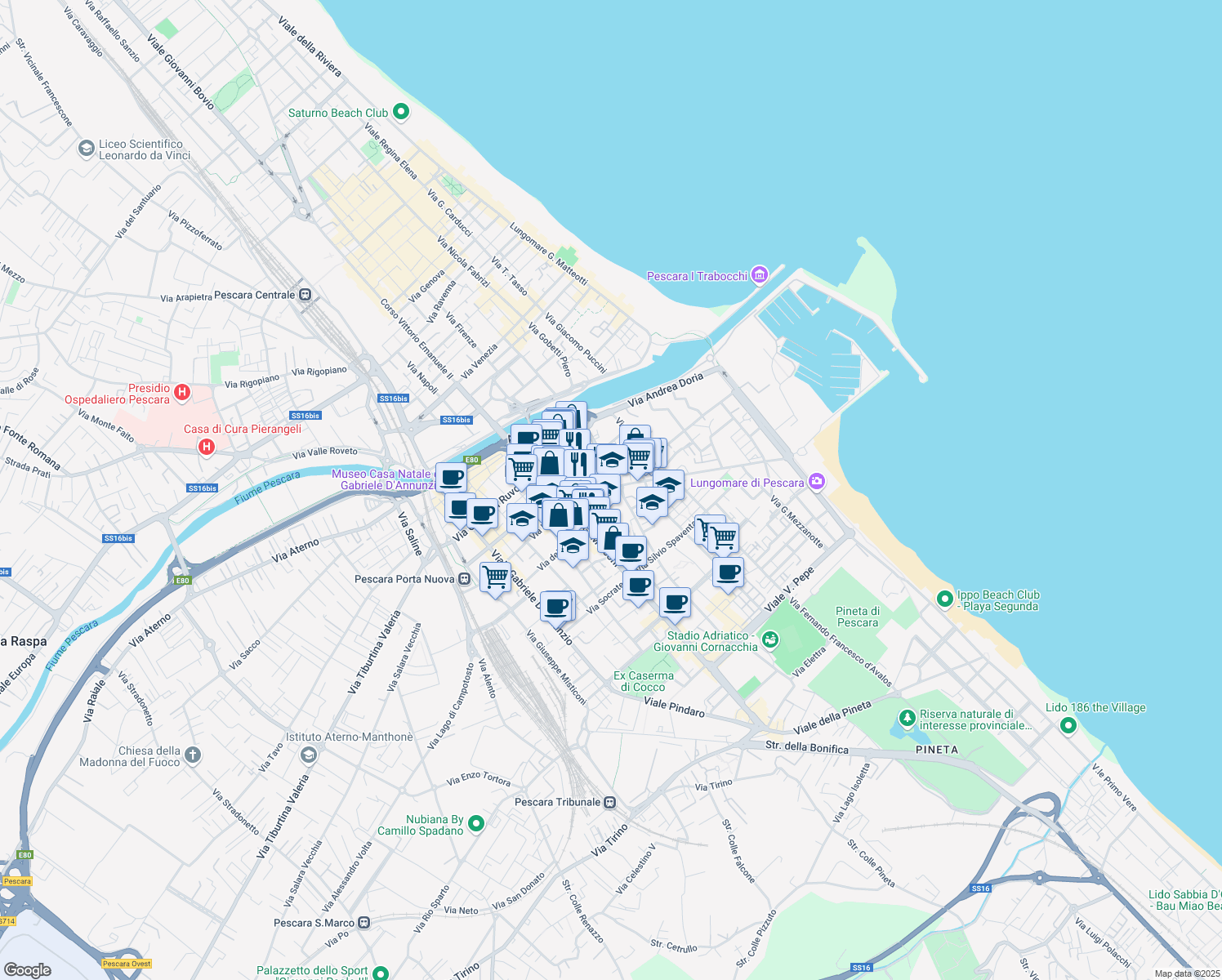 map of restaurants, bars, coffee shops, grocery stores, and more near 48 Viale Amerigo Vespucci in Pescara